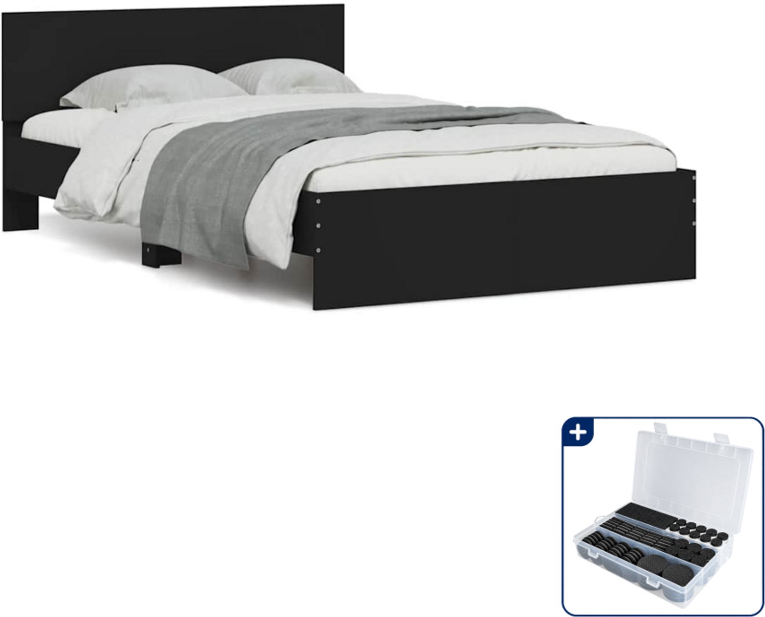 vidaXL Bedframe - 120 x 200 cm - bewerkt hout - zwart - Inclusief antikrasvilt 177-delig Grijs