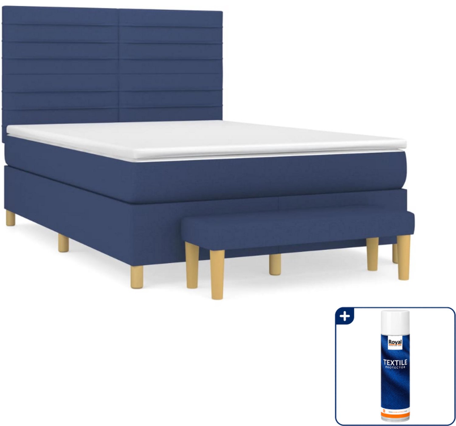 vidaXL boxspring met matras en bankje - 140 x 190 cm - blauw - Inclusief textielbeschermer 500 ml