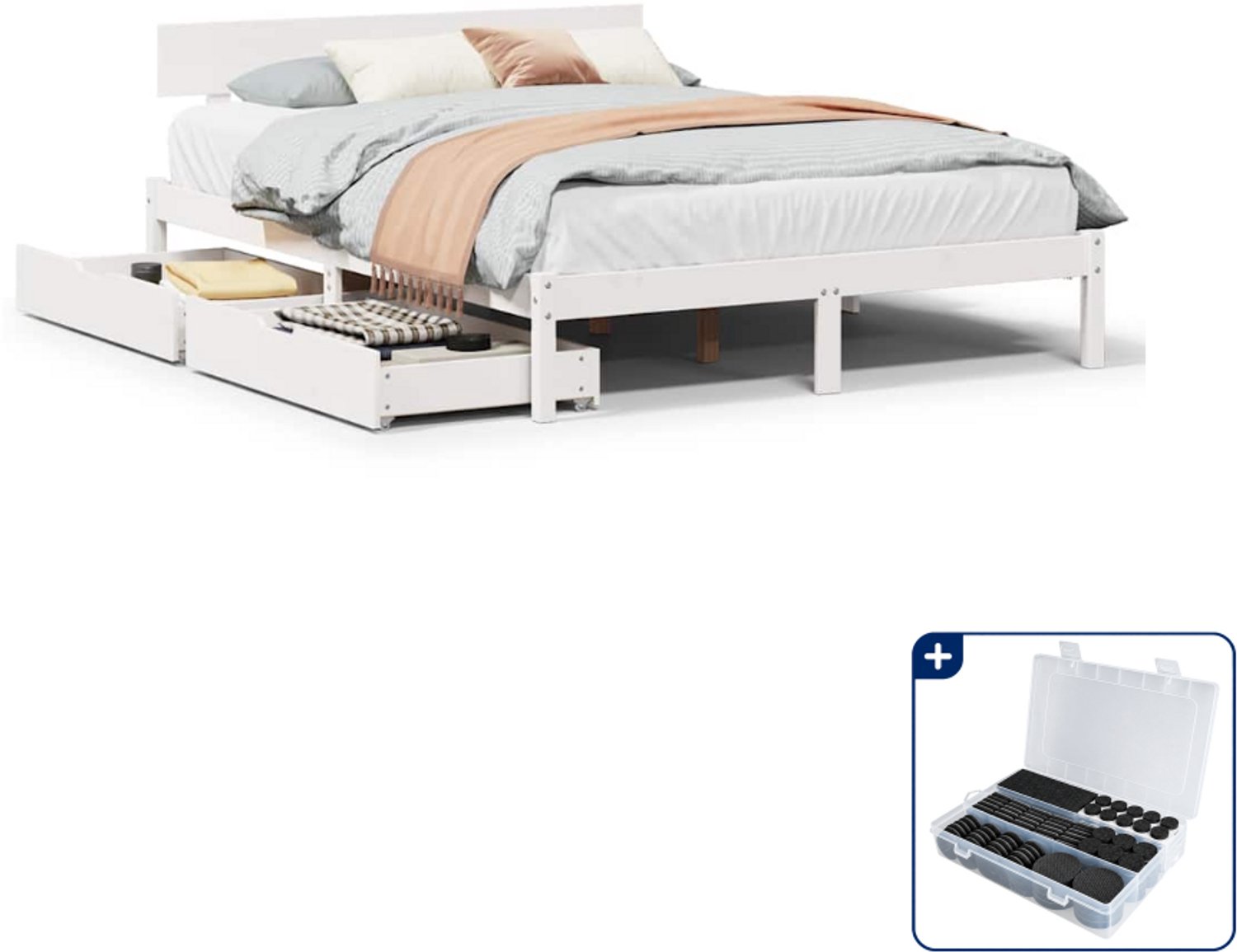 vidaXL Bedframe - 140 x 190 cm - massief grenenhout - wit - Inclusief antikrasvilt 177-delig Bruin