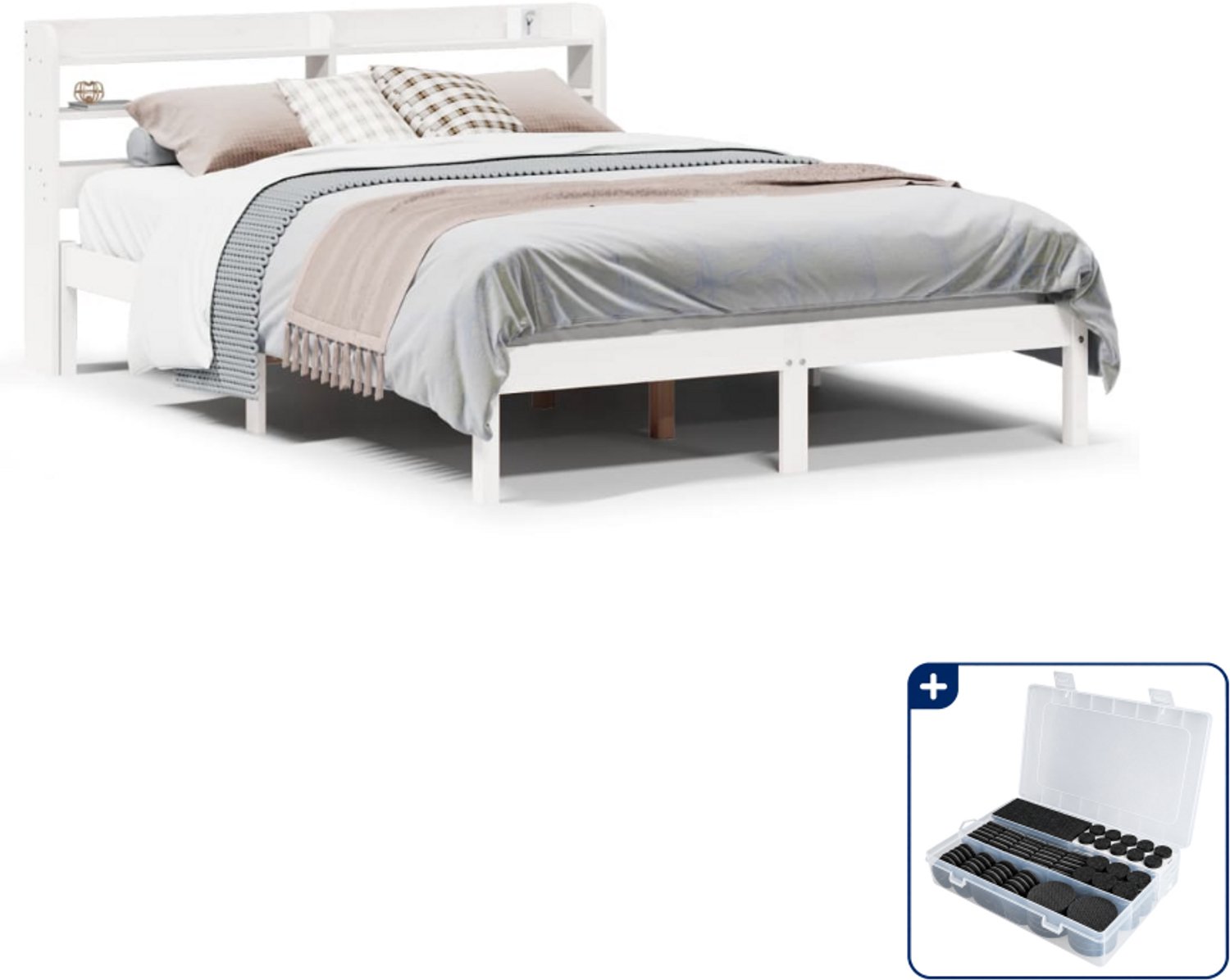 vidaXL bedframe - Small double - 140 x 200 cm - massief grenenhout - wit - Inclusief antikrasvilt 177-delig Bruin