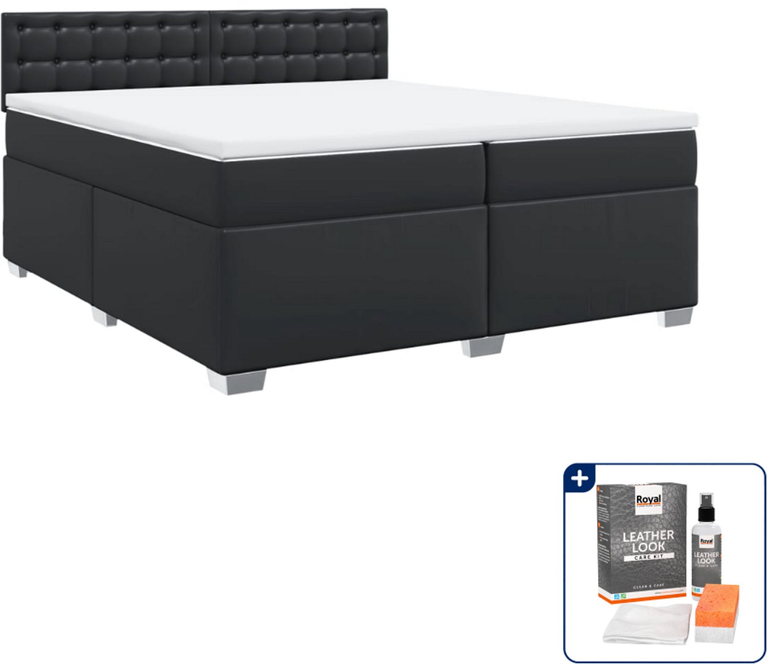 vidaXL boxspring met matras - Super kingsize - 200 x 200 cm - zwart - Inclusief onderhoudsset voor kunstleer 150 ml