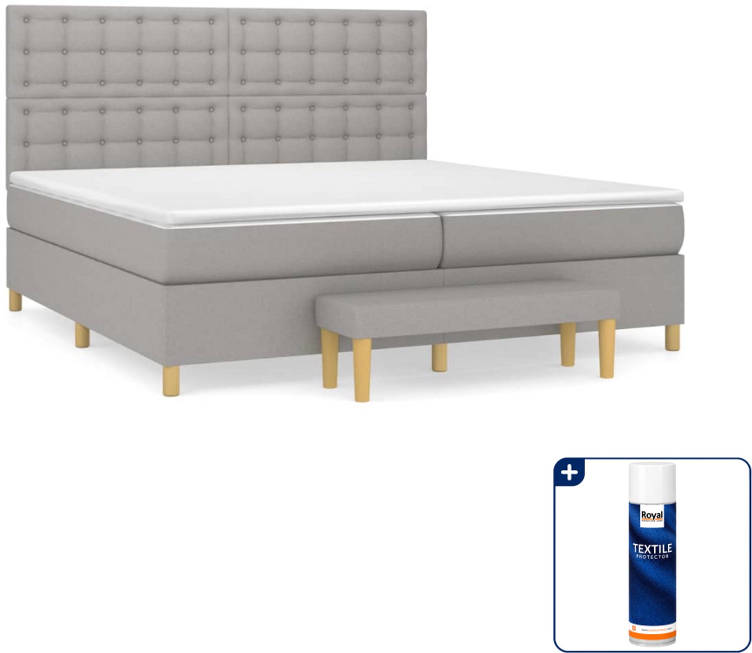 vidaXL boxspring met matras en bankje - Super kingsize - lichtgrijs - Inclusief textielbeschermer 500 ml