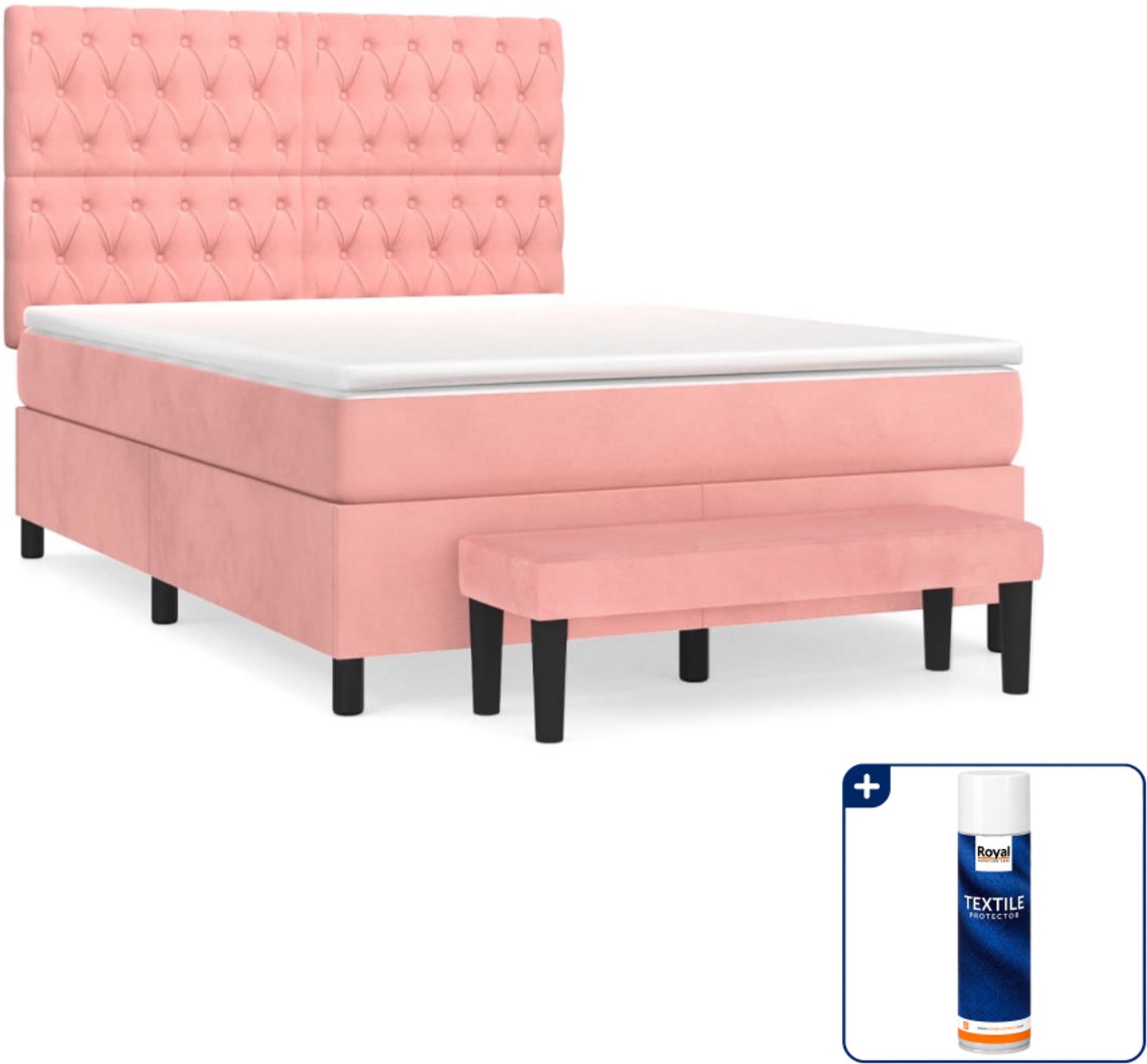 vidaXL Boxspring met matras en bankje - 140 x 190 cm - fluweel - roze - Inclusief textielbeschermer 500 ml