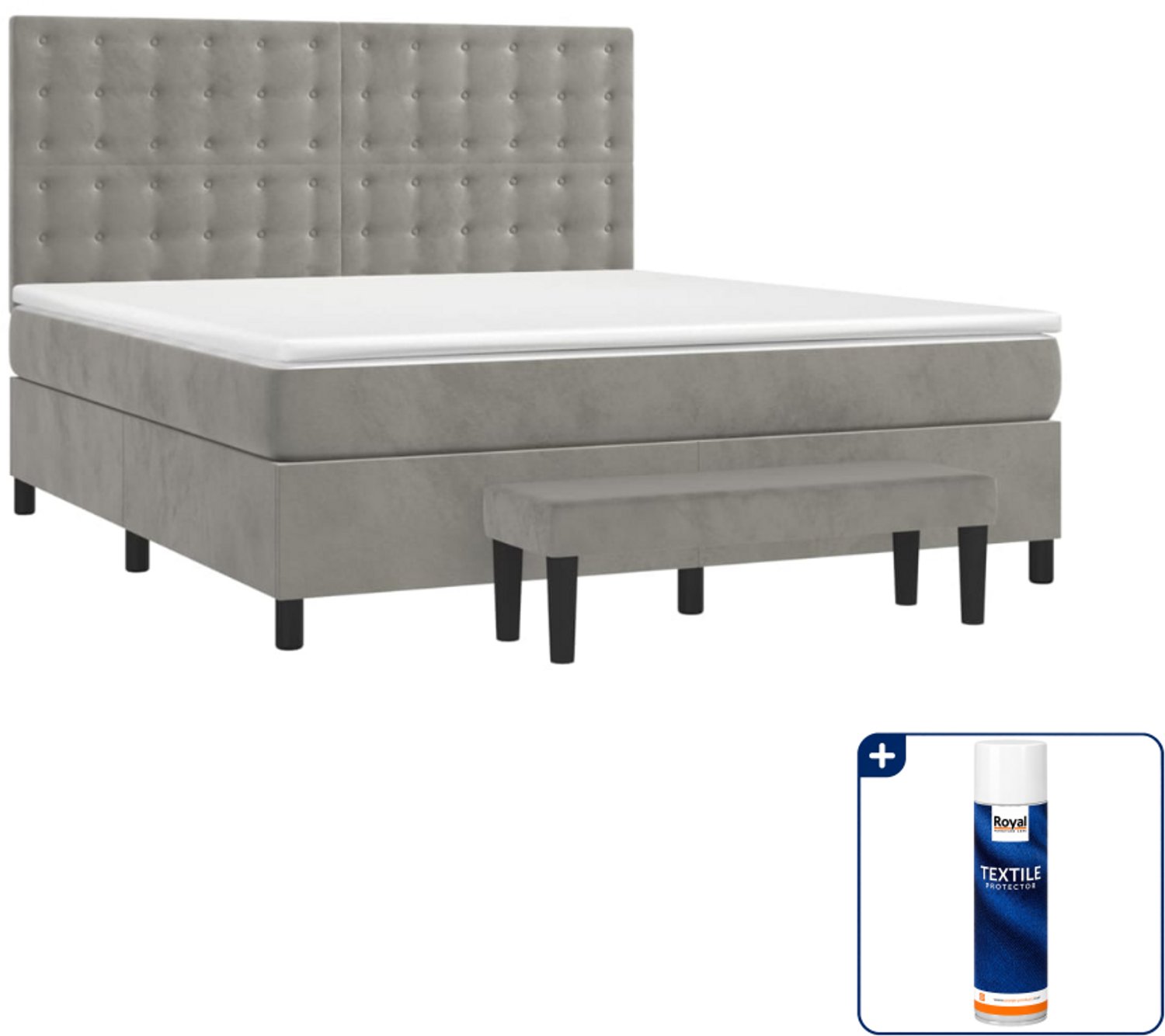 vidaXL Kingsize boxspring met matras en bank - 180 x 200 cm - grijs - Inclusief textielbeschermer 500 ml