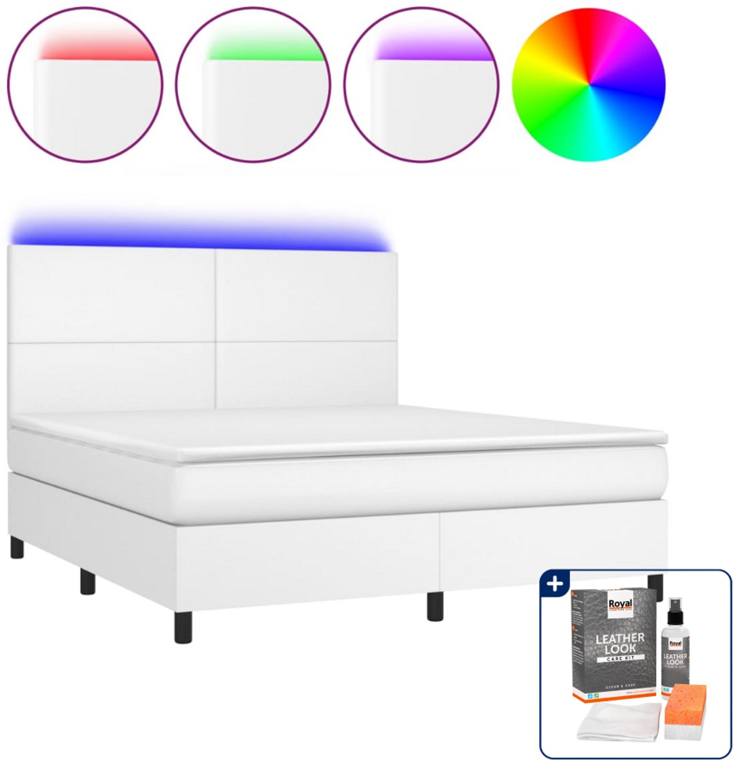 vidaXL Queensize boxspring met matras en LED - 160 x 200 cm - wit - Inclusief onderhoudsset voor kunstleer 150 ml