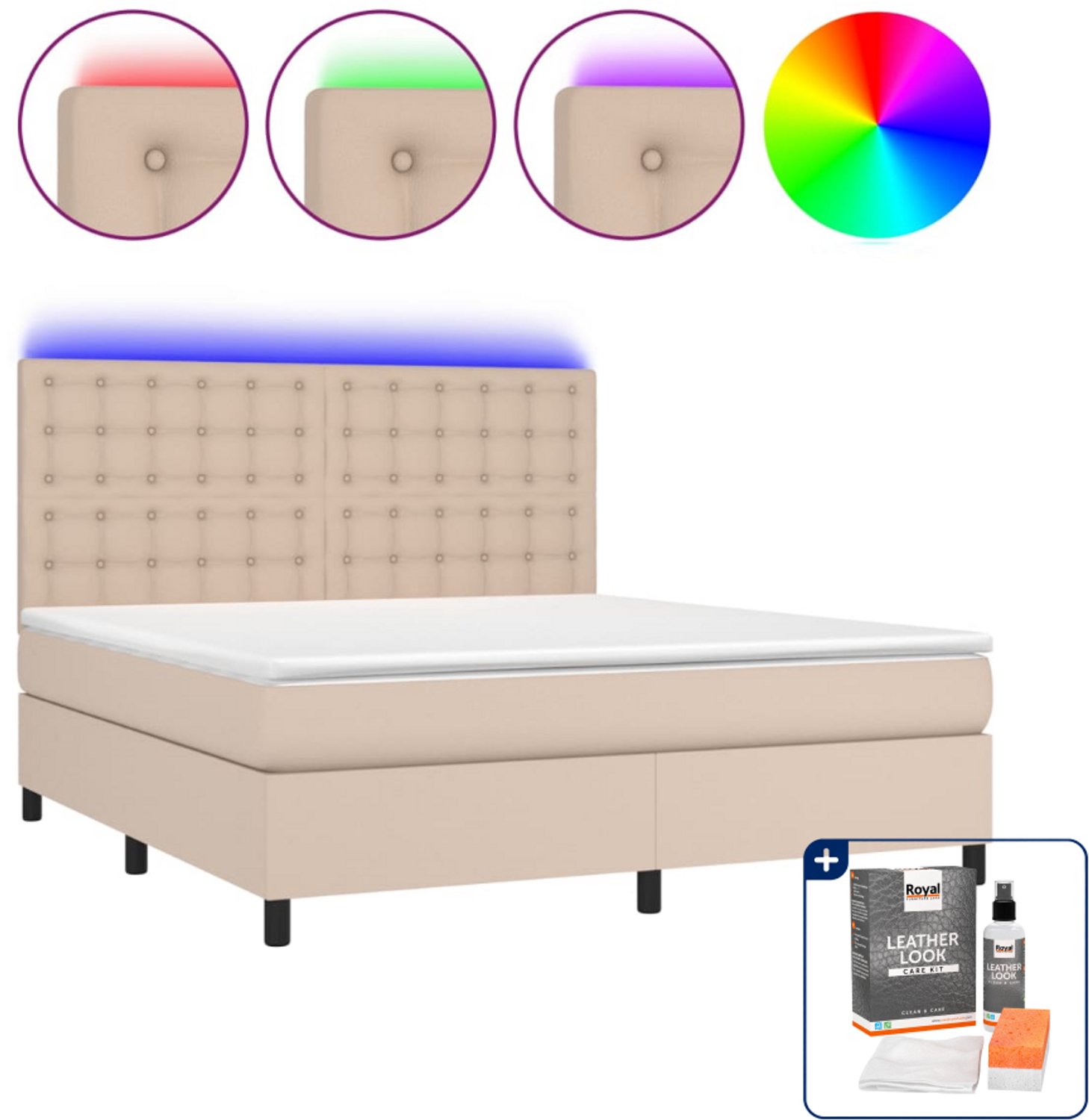 vidaXL boxspring met matras en led - Kingsize - 180x200 cm - cappuccino - Inclusief onderhoudsset voor kunstleer 150 ml Bruin