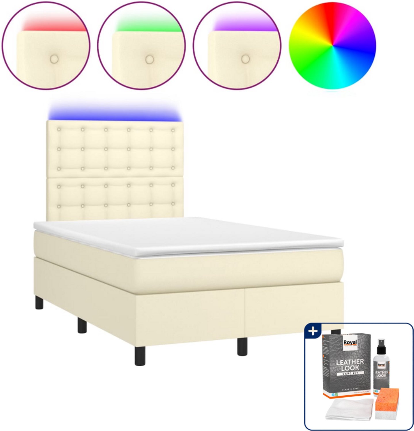 vidaXL boxspring met matras en led - 120 x 200 cm - kunstleer - crème - Inclusief onderhoudsset voor kunstleer 150 ml