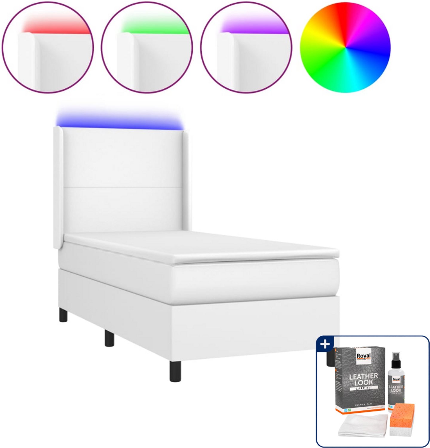 vidaXL Boxspring met matras en led - 90 x 200 cm - wit - Inclusief onderhoudsset voor kunstleer 150 ml