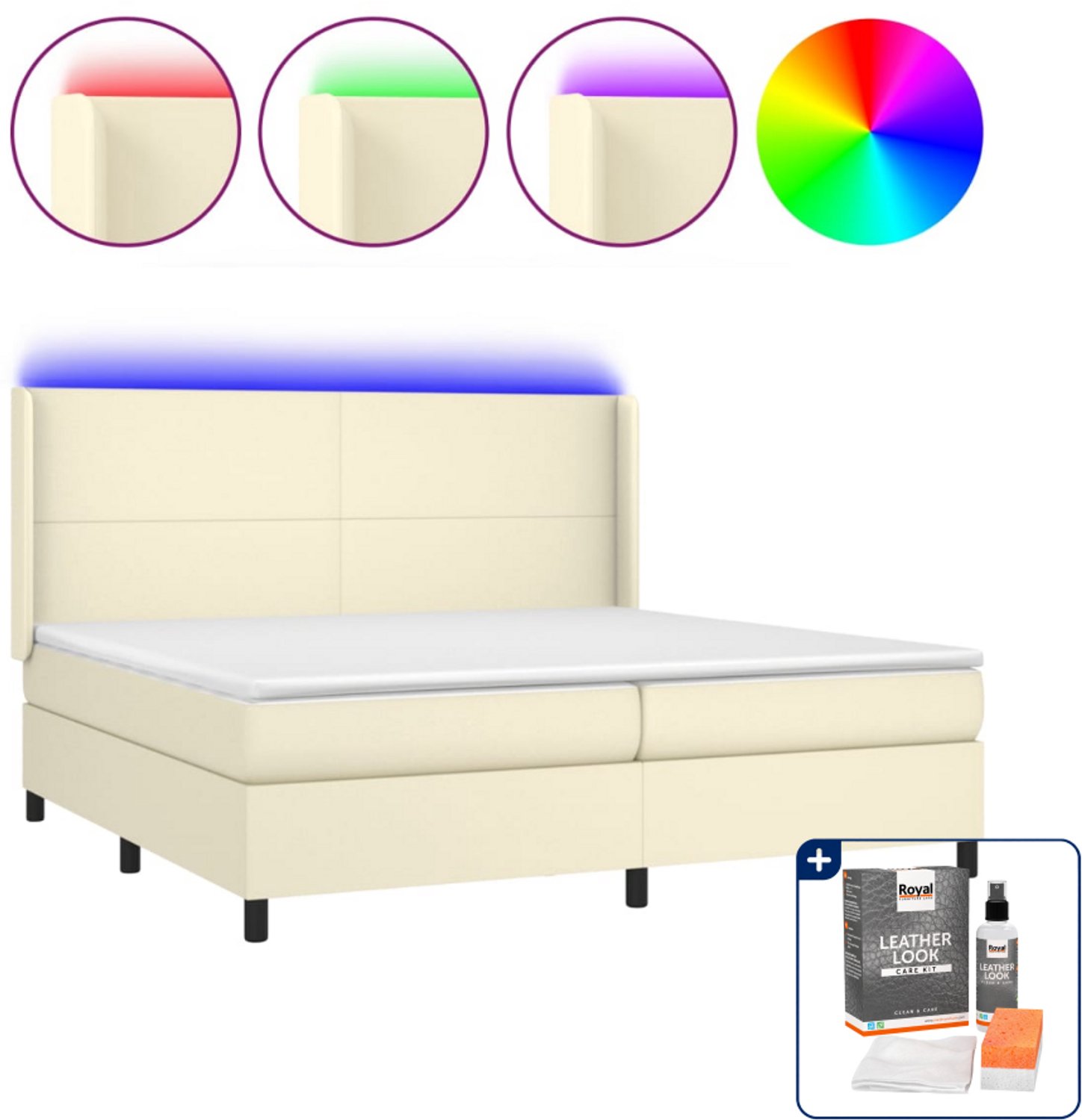 vidaXL boxspring met matras en LED - 200 x 200 cm - kunstleer - crème - Inclusief onderhoudsset voor kunstleer 150 ml