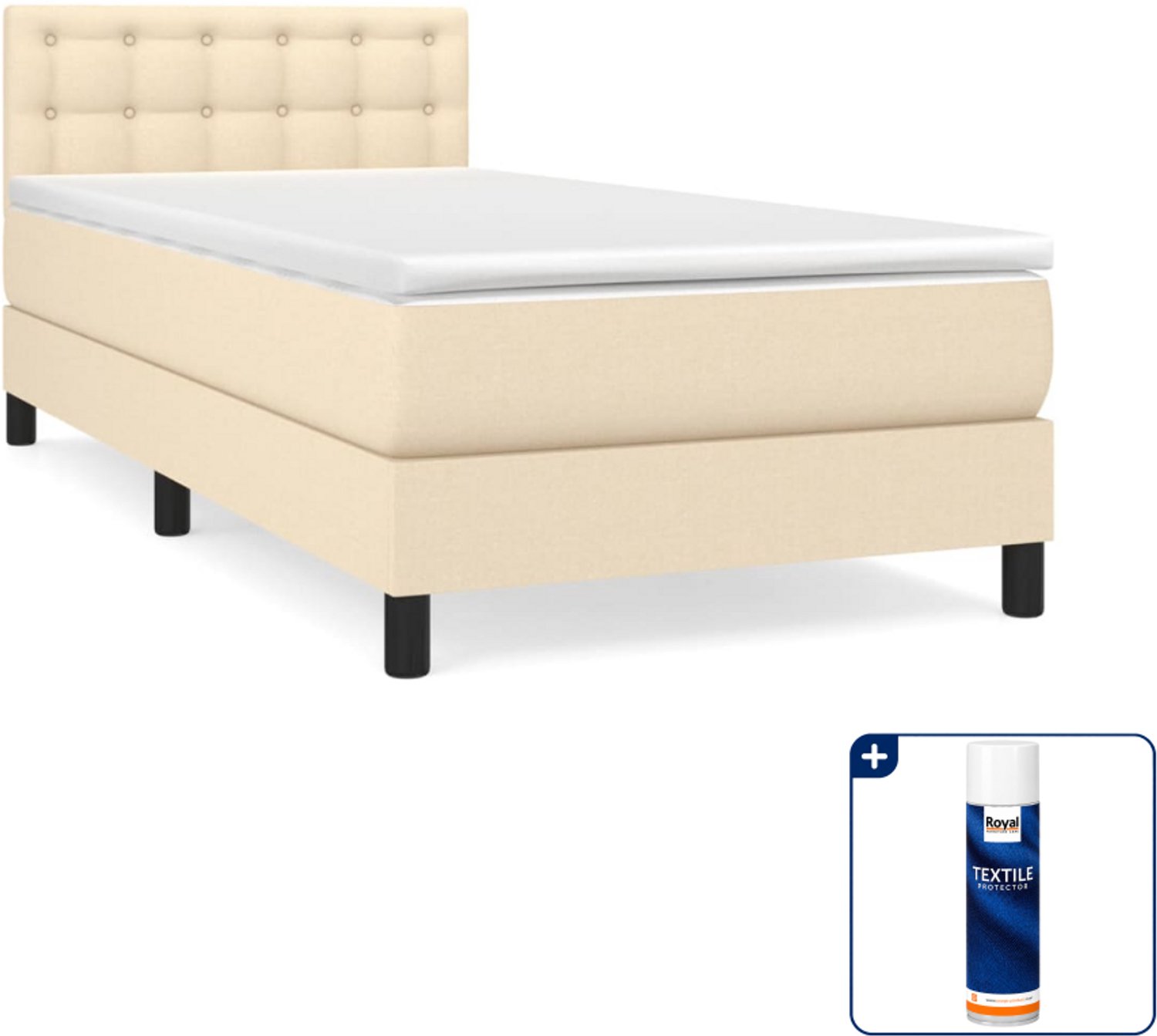 vidaXL boxspring met matras - 90 x 200 cm - stof - crèmekleurig - Inclusief textielbeschermer 500 ml