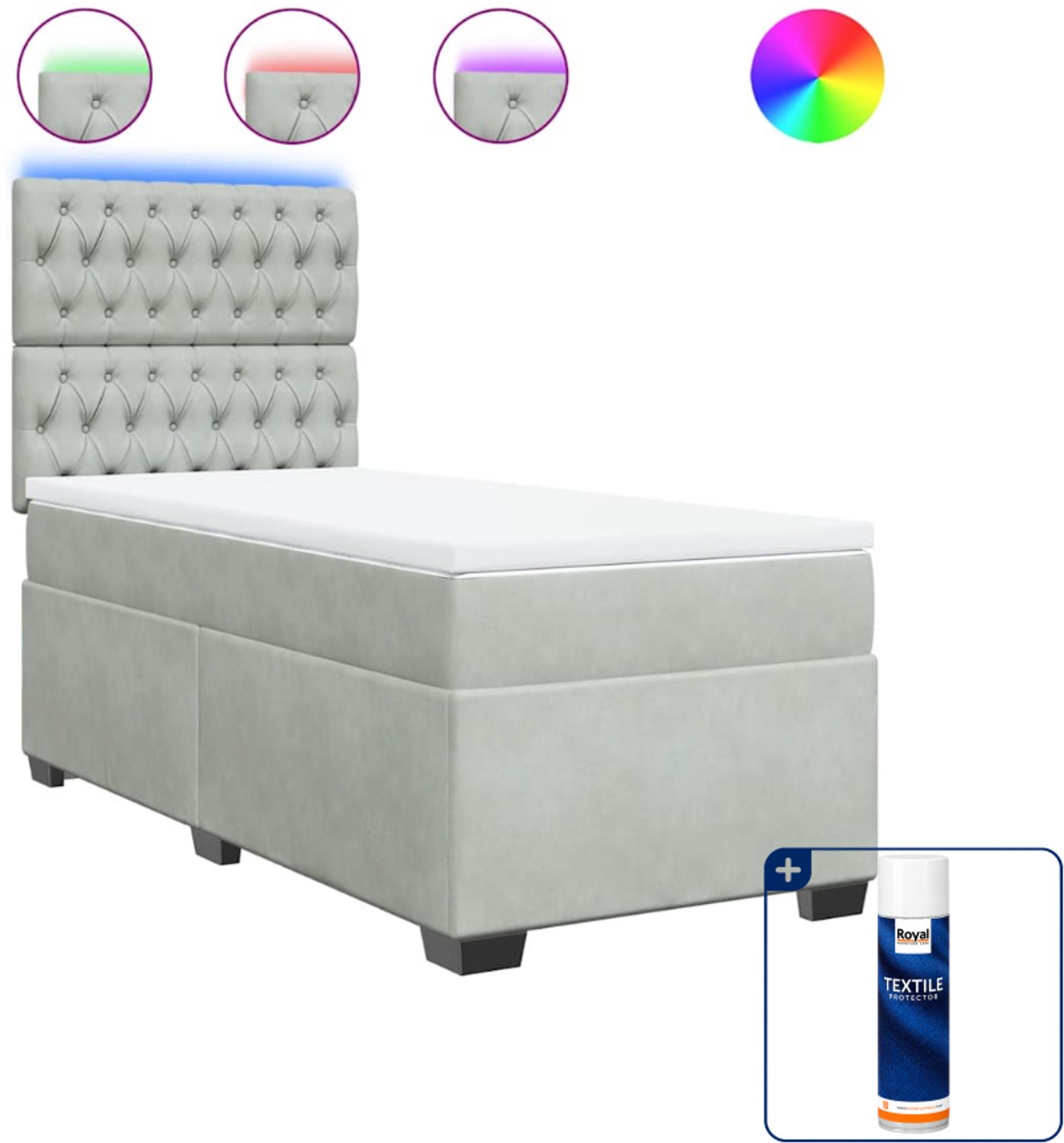 vidaXL boxspring met matras - 80 x 200 cm - fluweel - lichtgrijs - Inclusief textielbeschermer 500 ml