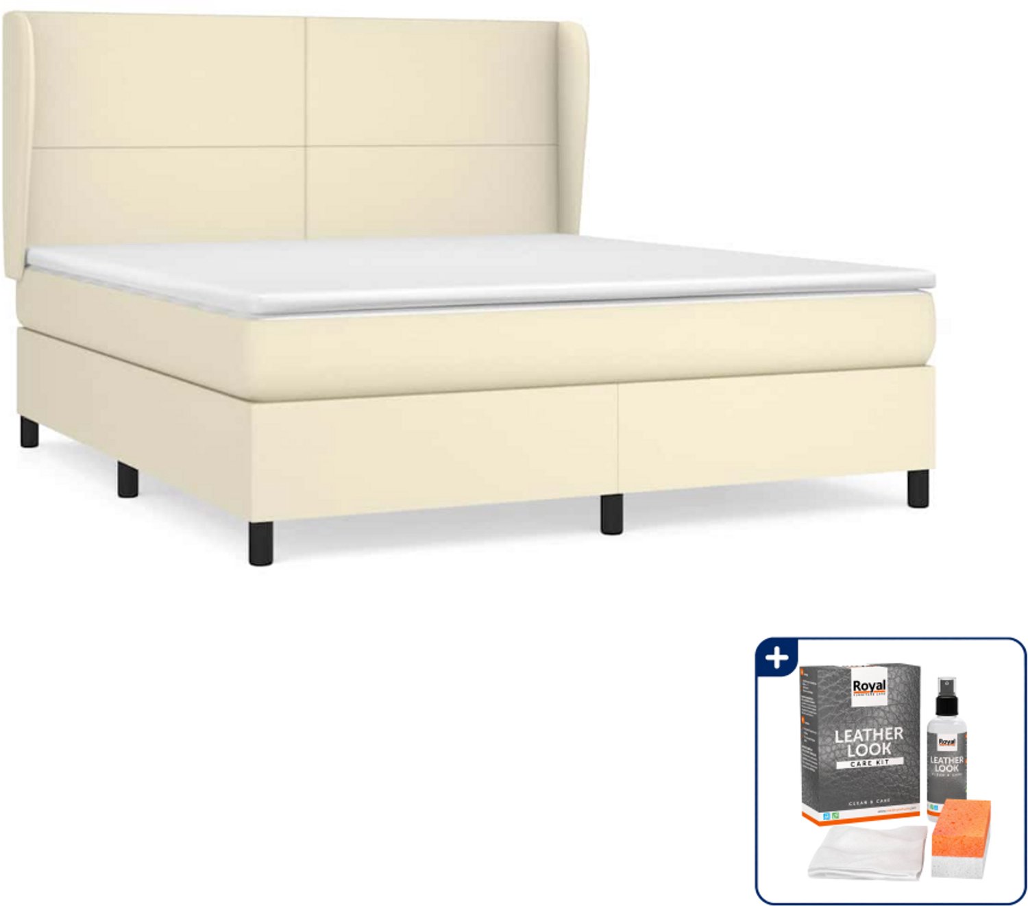 vidaXL boxspring Kingsize - 180 x 200 cm - kunstleer - crème - Inclusief onderhoudsset voor kunstleer 150 ml