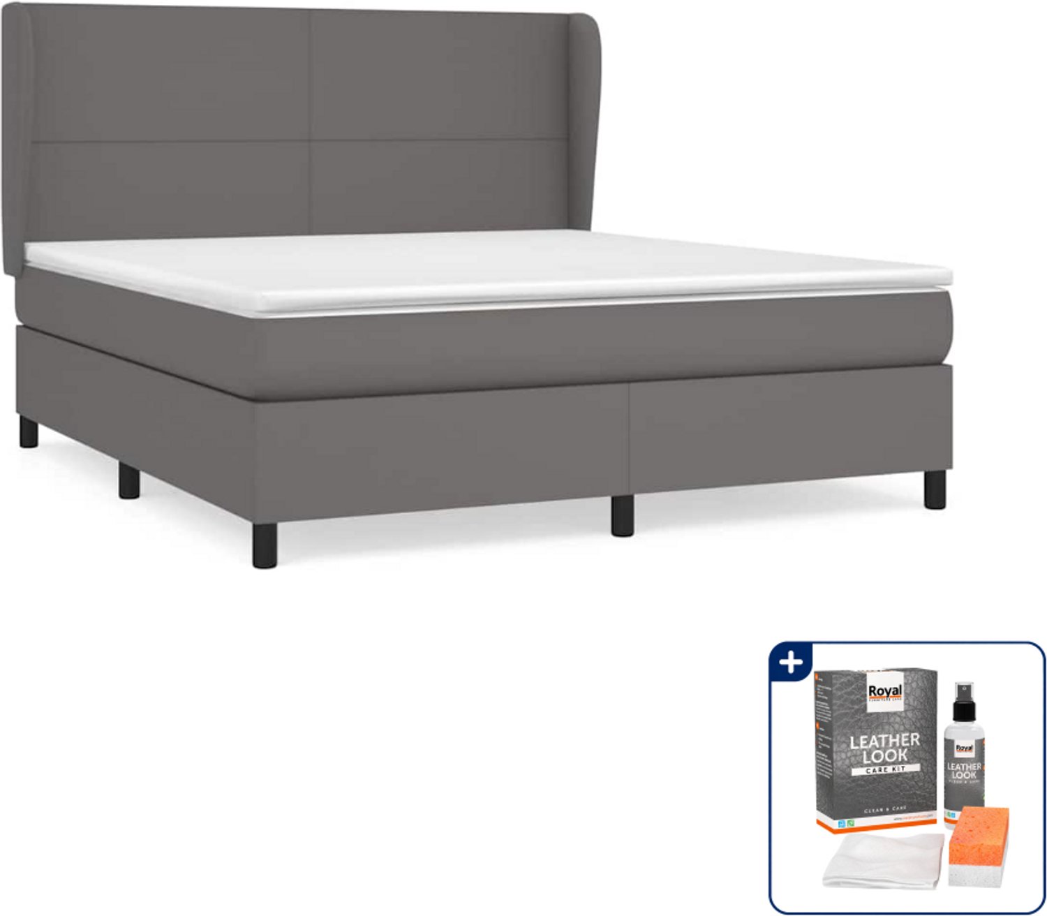 vidaXL boxspring met matras Queensize - 160 x 200 cm - grijs - Inclusief onderhoudsset voor kunstleer 150 ml