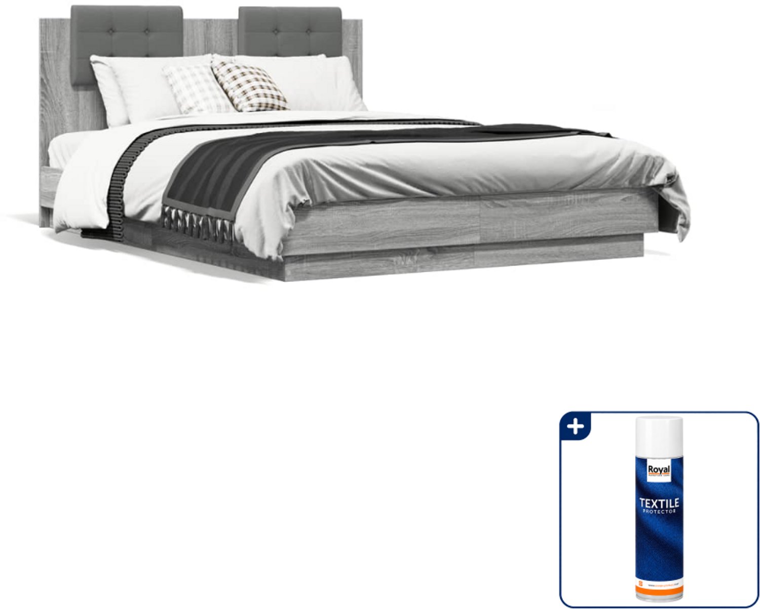 vidaXL Bedframe - 135 x 190 cm - grijs sonoma eiken - Inclusief textielbeschermer 500 ml Zwart