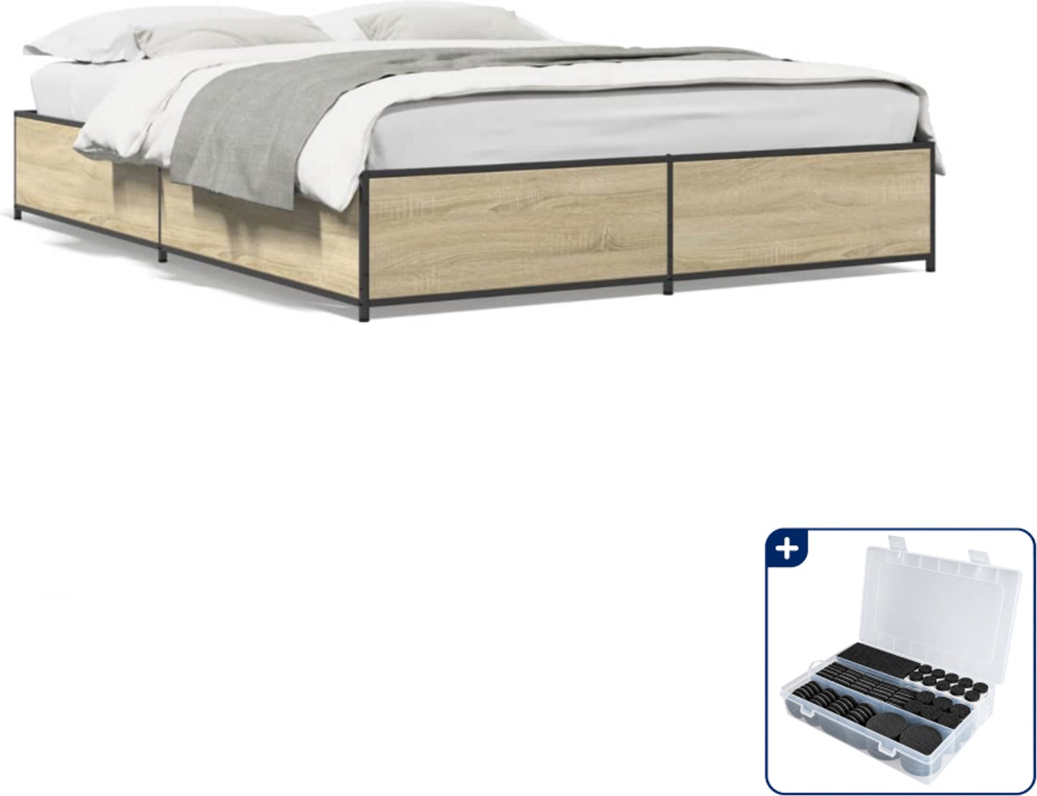 vidaXL Bedframe - 120 x 190 cm - bewerkt hout en staal - sonoma eiken - Inclusief antikrasvilt 177-delig