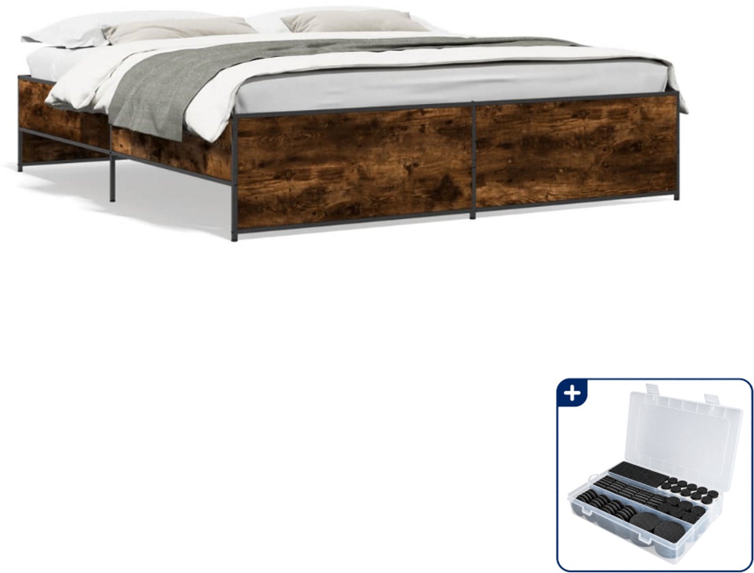 vidaXL Kingsize bedframe 180 x 200 cm - bewerkt hout - gerookt eiken - Inclusief antikrasvilt 177-delig Bruin