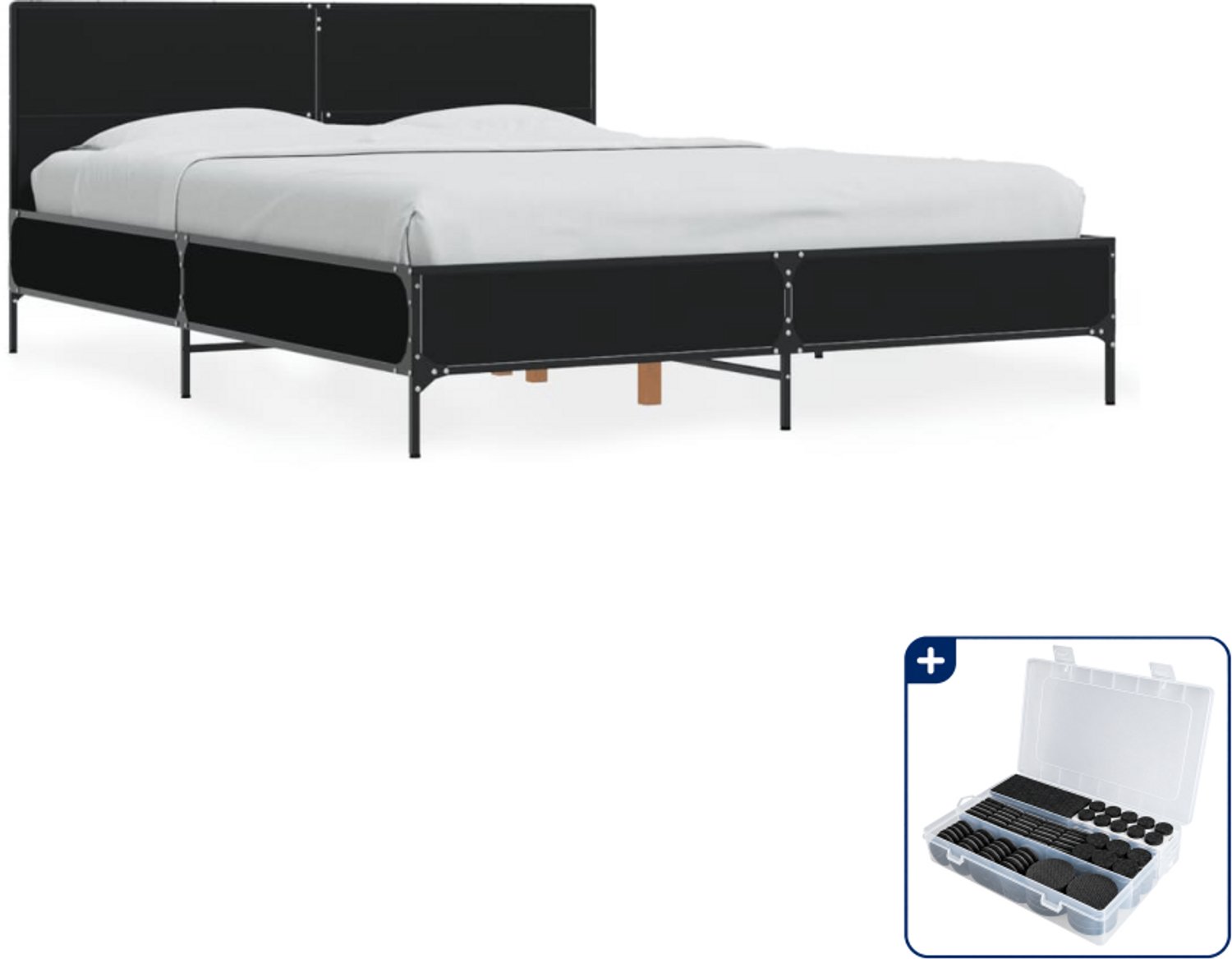 vidaXL bedframe - 120 x 190 cm - bewerkt hout en metaal - zwart - Inclusief antikrasvilt 177-delig Grijs