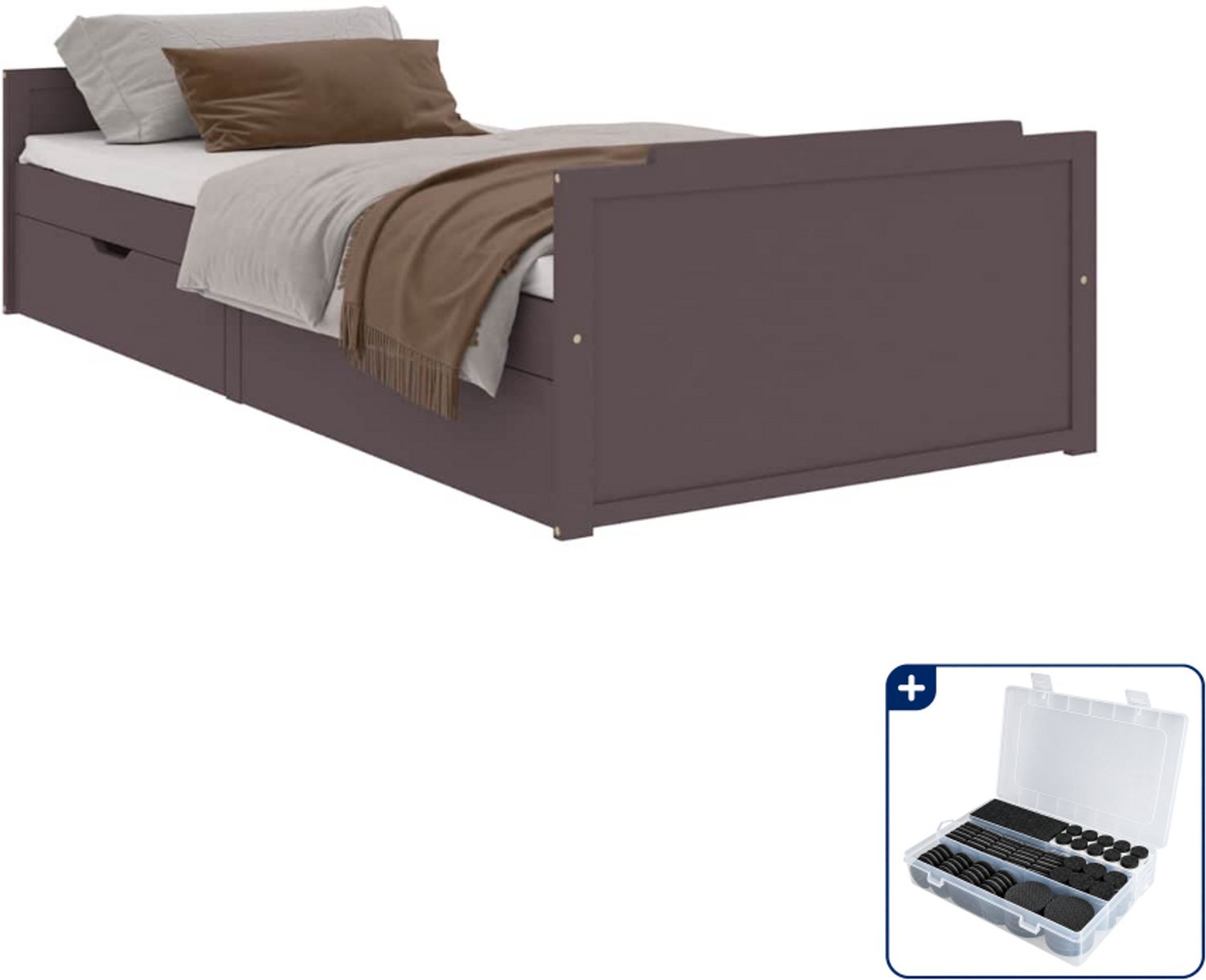 vidaXL bedframe met lades 90 x 200 cm - massief grenenhout - donkerbruin - Inclusief antikrasvilt 177-delig