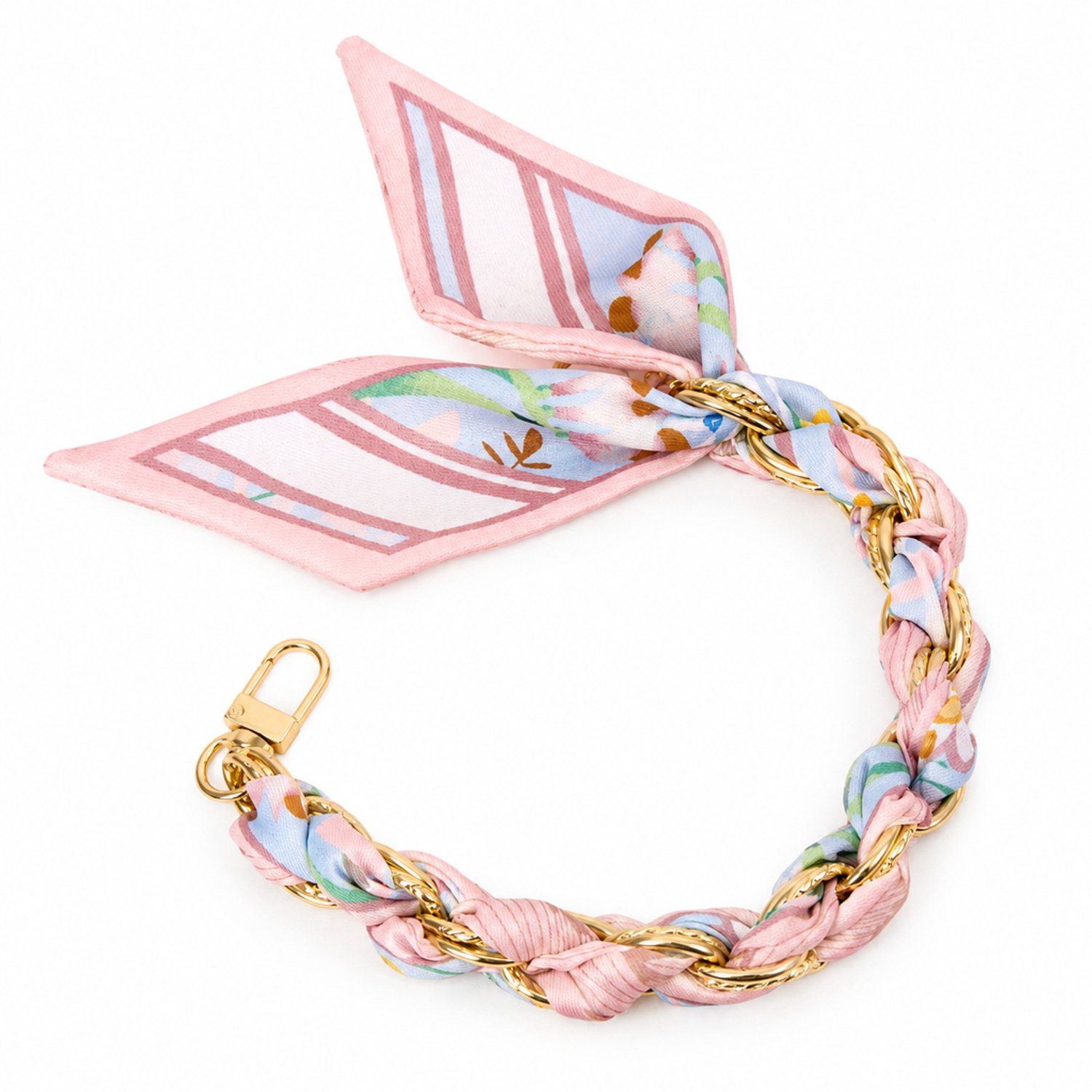 Telefoonkoord 32 cm - Roze bloemenprint - Gevlochten polyester band met metalen ketting en sluiting - Los verpakt