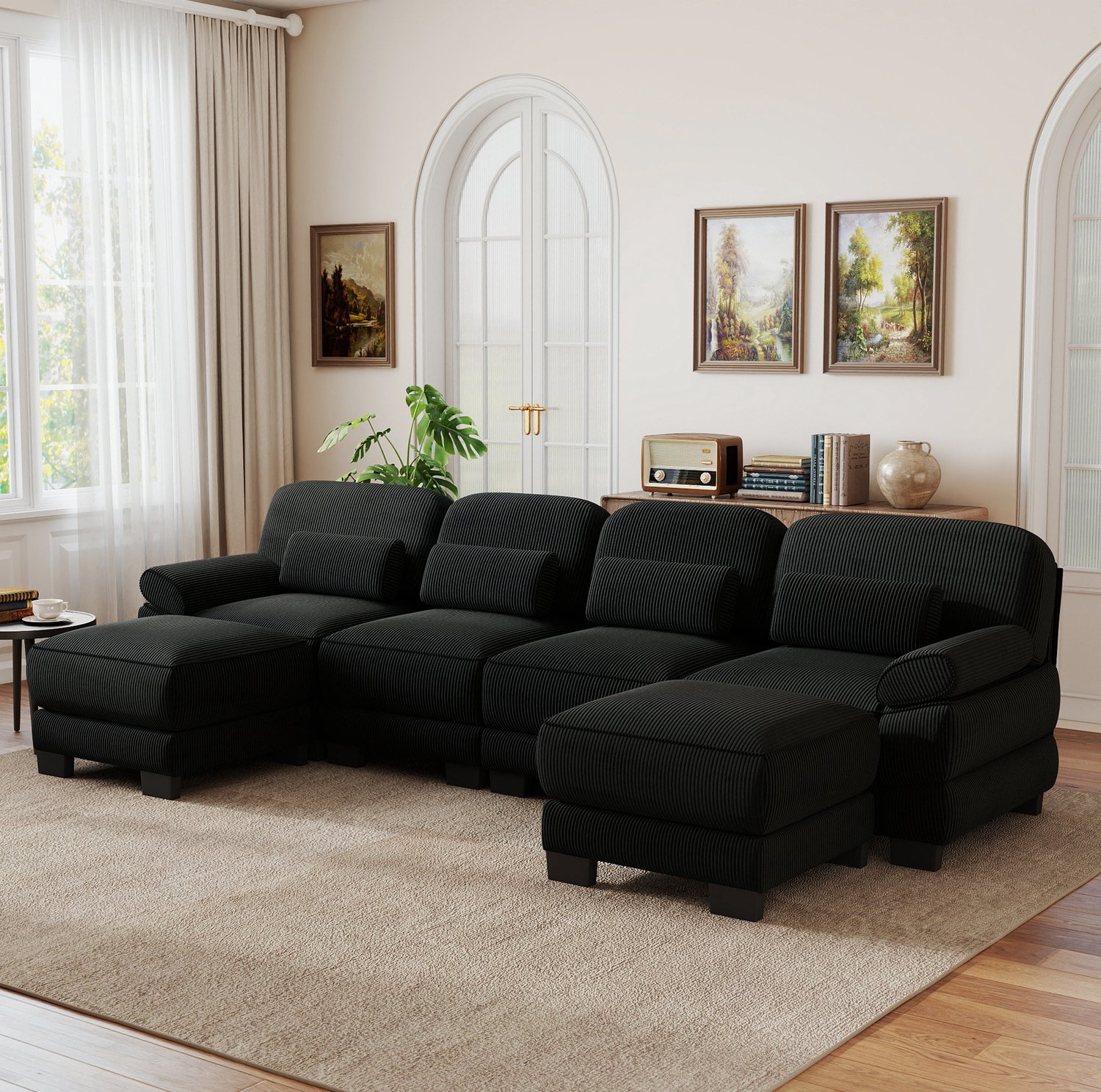 MIVRAY U-Bank 336 x 161 x 94 cm - Modulaire 4-Zits Met 2 Hockers - Flexibel in U- of L-Vorm - Voor de Woonkamer - Zwart Ribfluweel