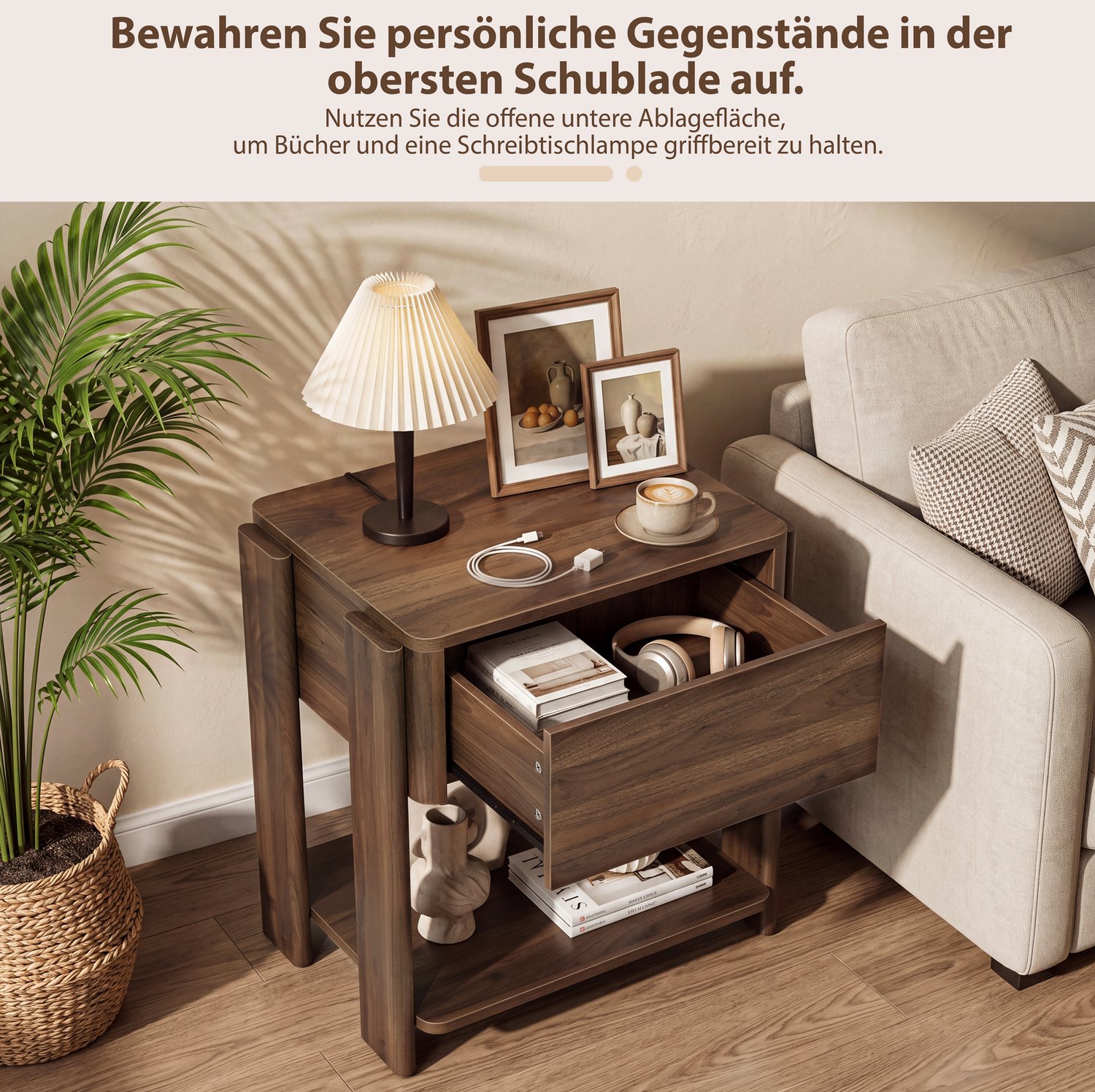 OKWISH Nachtkastje - Met Lade en Open Opbergvak - Voor Slaapkamer en Woonkamer - MDF en Spaanplaat in Walnootkleur - 39 x 53 x 56 cm