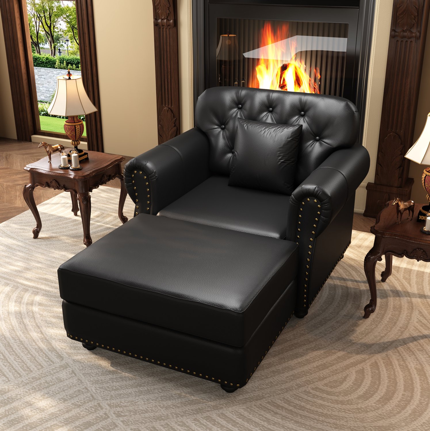 MIVRAY Chesterfield Fauteuil 105 x 76 x 86 cm - Met Hocker en Gecapitonneerde Rugleuning - Voor Woonkamer - Kunstleer en Hout - Zwart