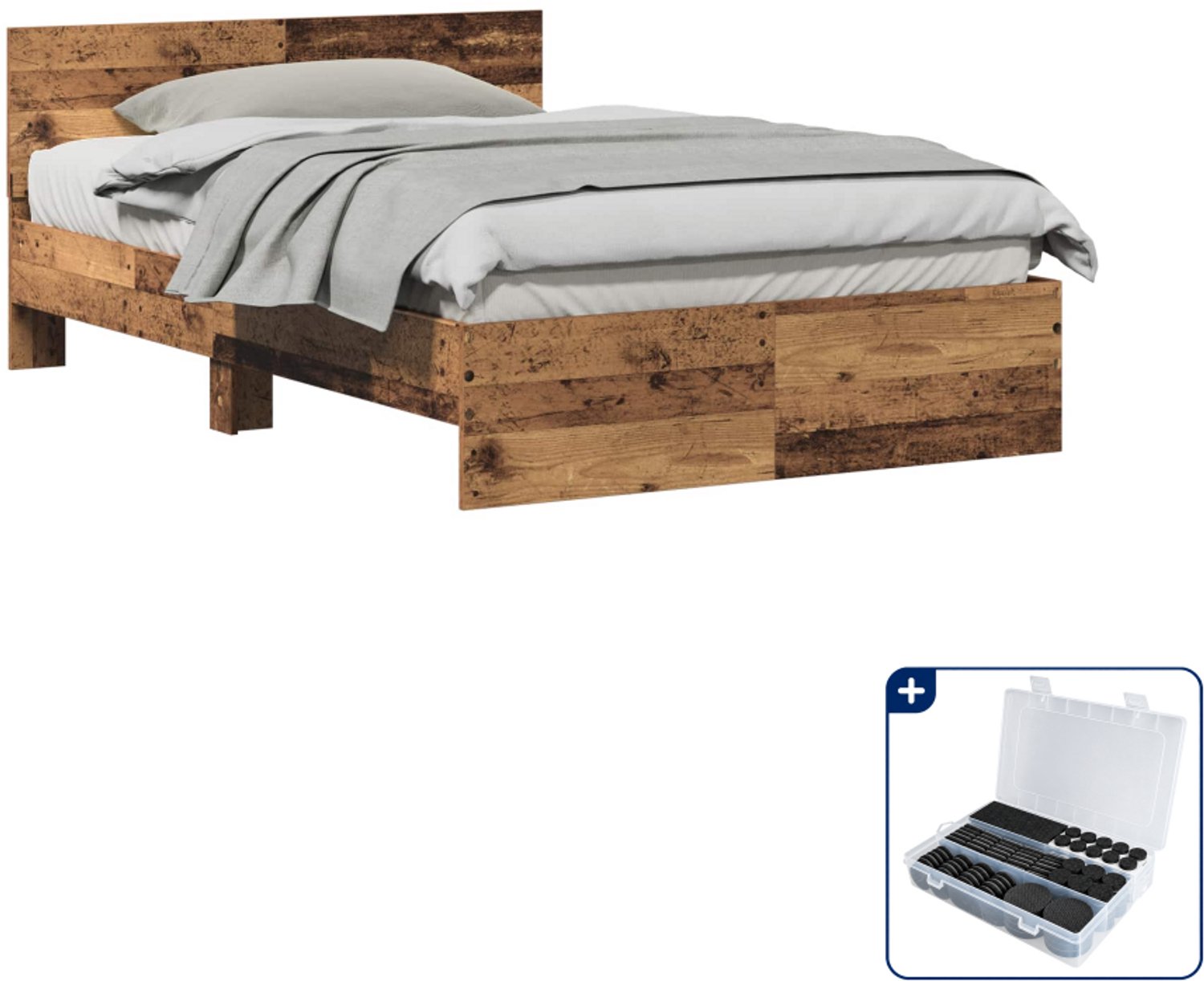 vidaXL Bedframe - 120 x 190 cm - bewerkt hout - oud hout - Inclusief antikrasvilt 177-delig lichtgrijs