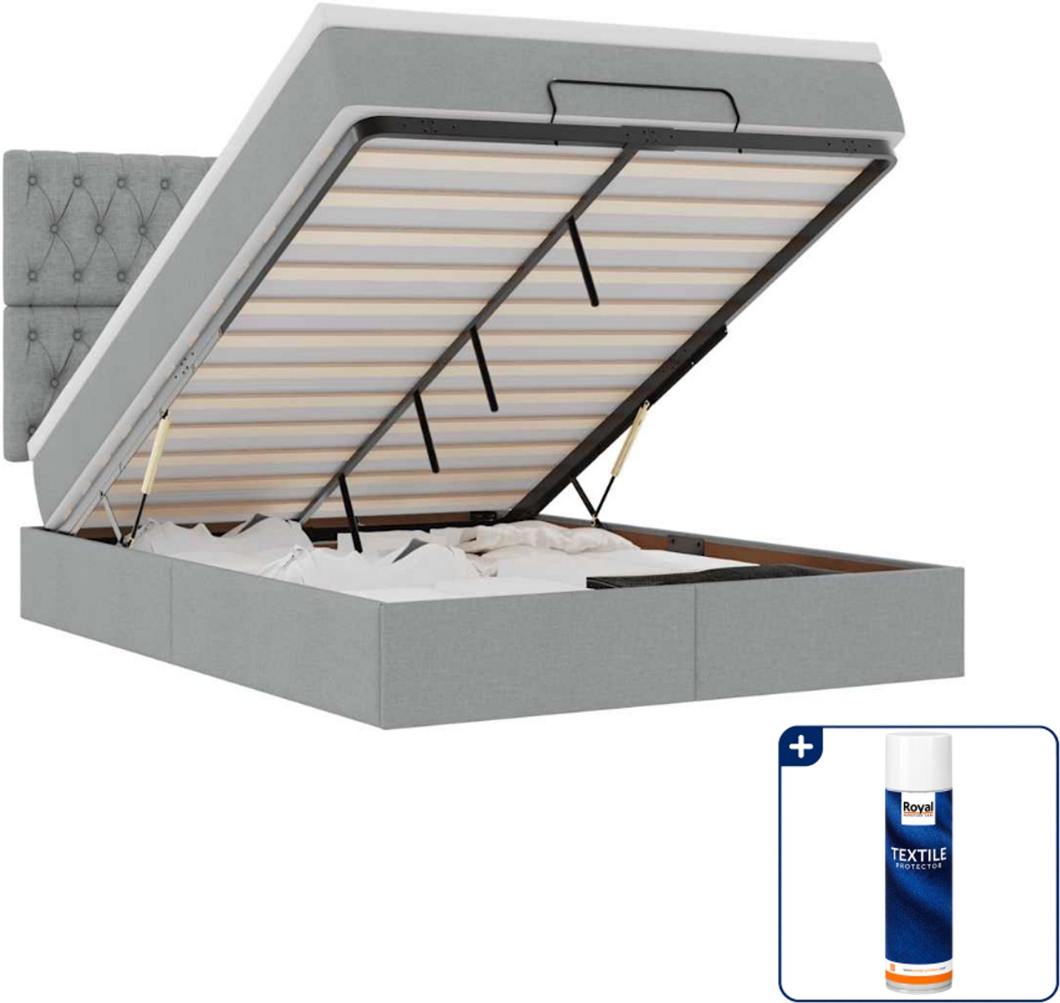 vidaXL ottoman bed met matras - 140 x 190 cm - stof - lichtgrijs - Inclusief textielbeschermer 500 ml