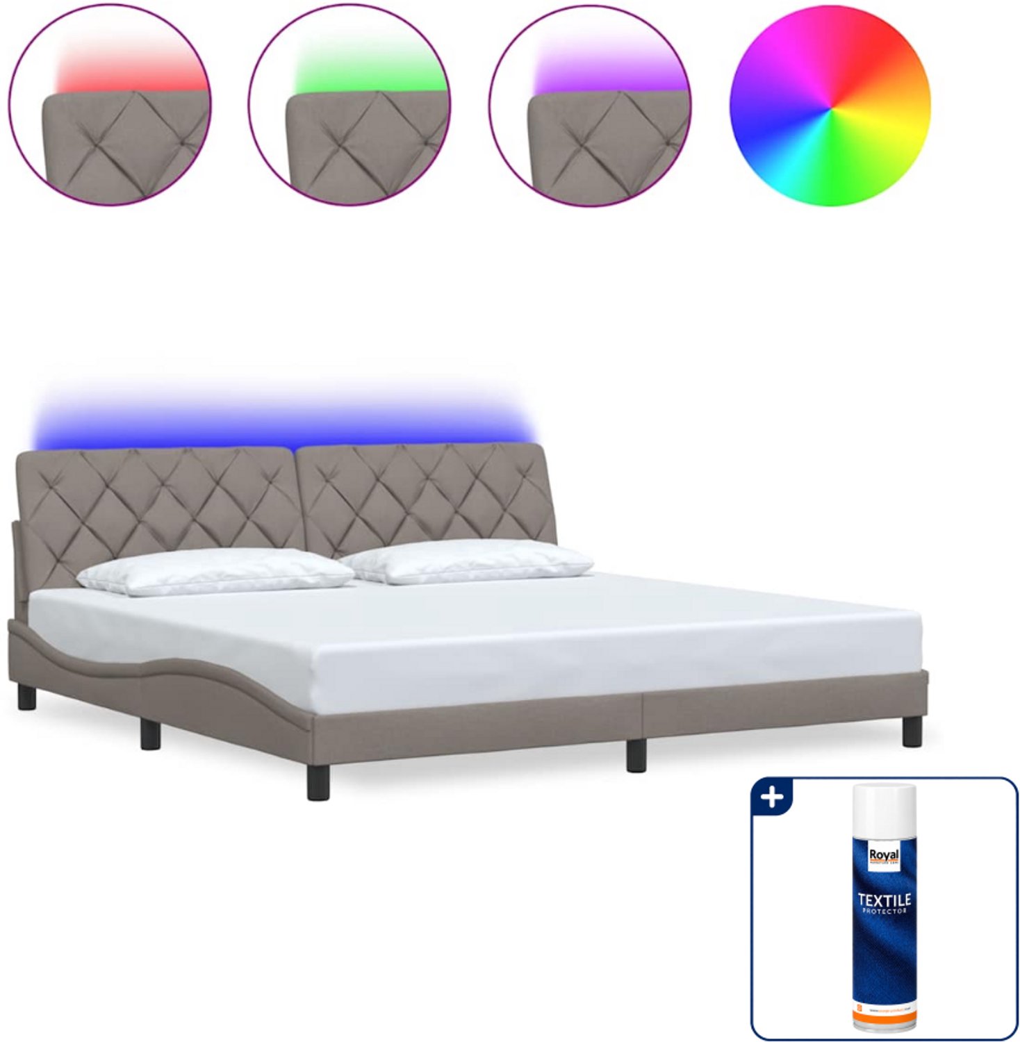 vidaXL Bedframe met LED - 200 x 200 cm - stof - taupe - Inclusief textielbeschermer 500 ml
