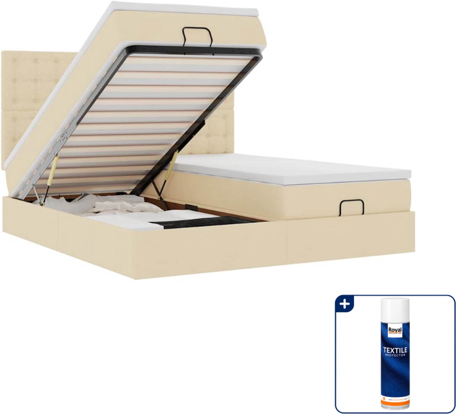 vidaXL ottoman bed - 200 x 200 cm - stof - crèmekleurig - Inclusief textielbeschermer 500 ml Zwart