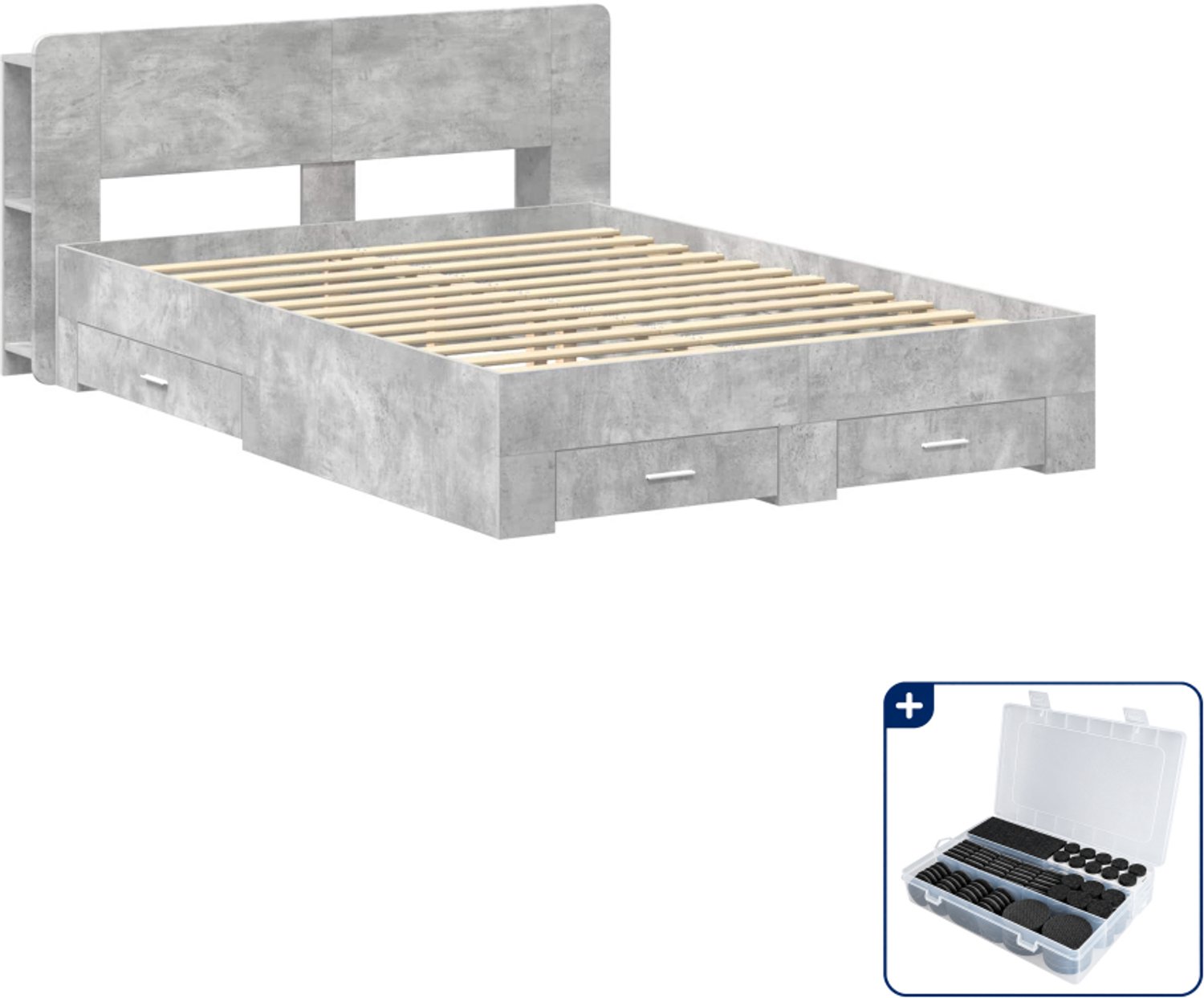vidaXL bedframe met opslag - Queensize 160 x 200 cm - bewerkt hout - betongrijs - Inclusief antikrasvilt 177-delig
