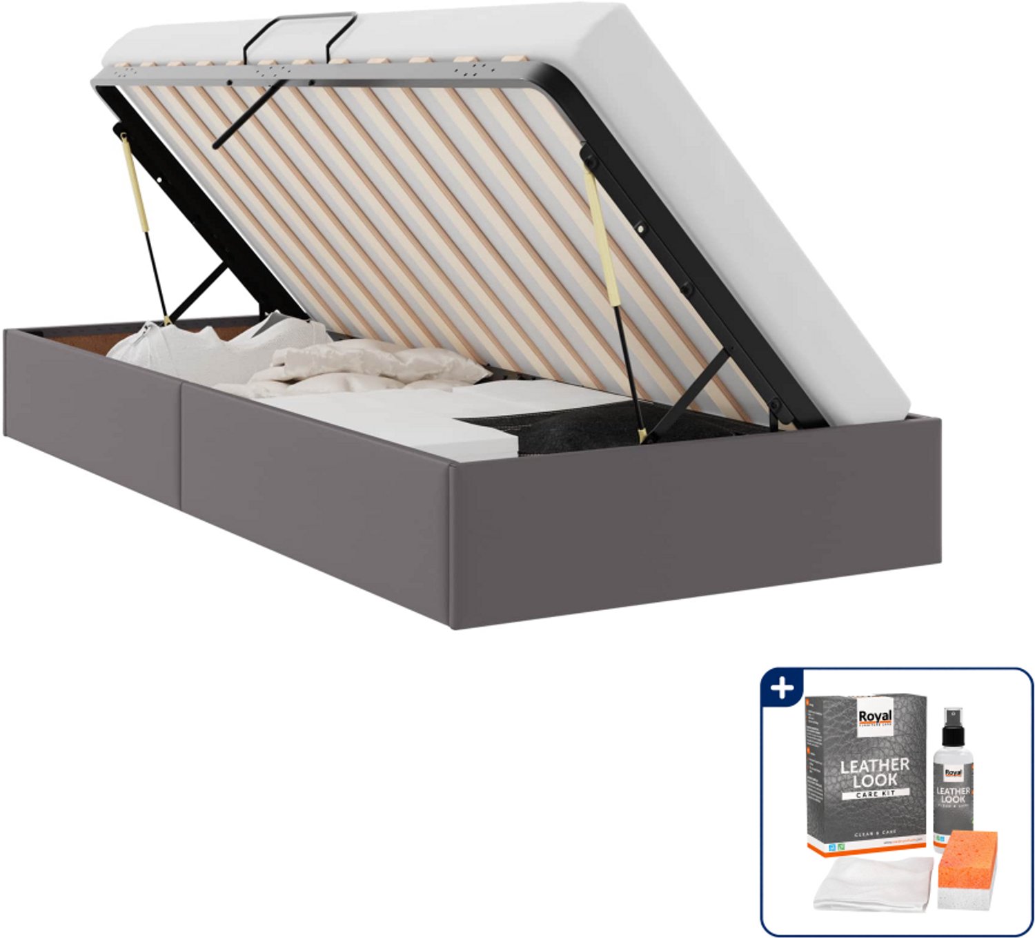 vidaXL ottoman bedframe - 90 x 190 cm - kunstleer - grijs - Inclusief onderhoudsset voor kunstleer 150 ml