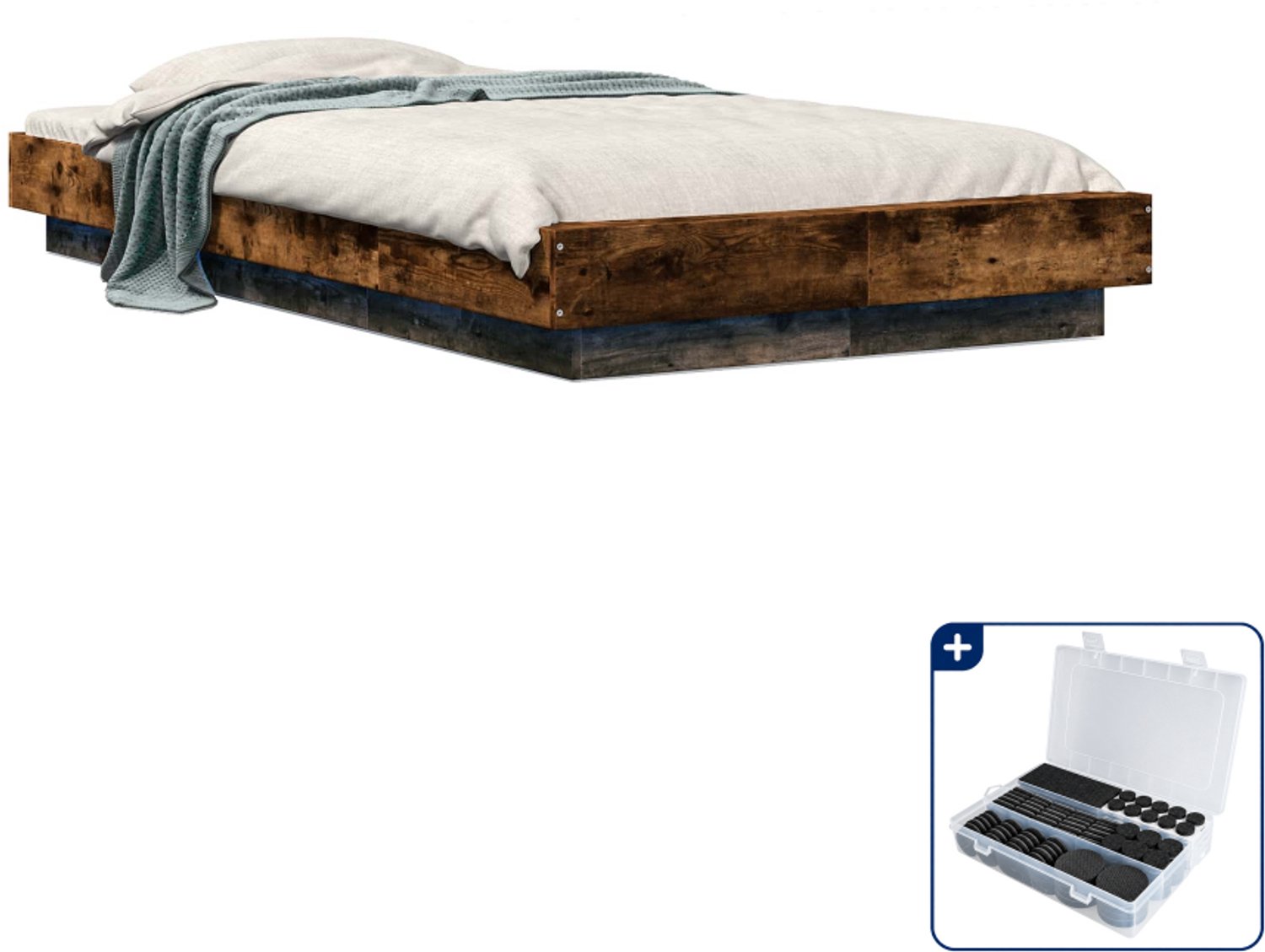 vidaXL bedframe met LED - 80 x 200 cm - bewerkt hout - gerookt eiken - Inclusief antikrasvilt 177-delig Bruin