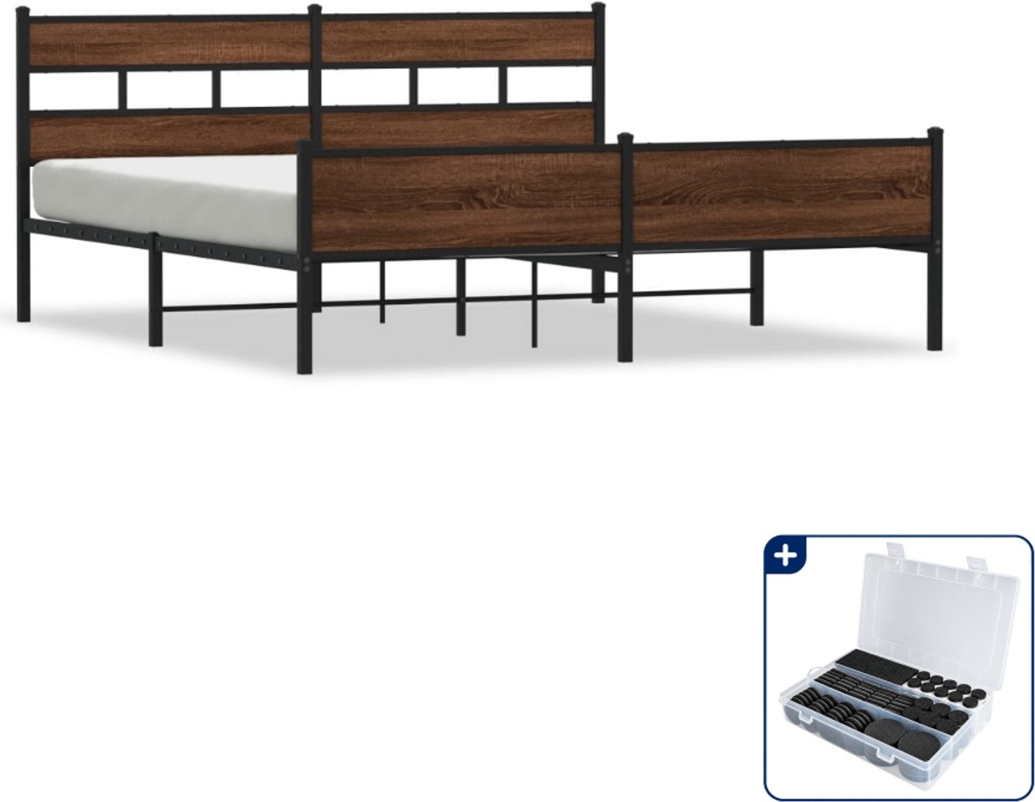 vidaXL bedframe - 183 x 213 cm - staal en bewerkt hout - bruineiken - Inclusief antikrasvilt 177-delig