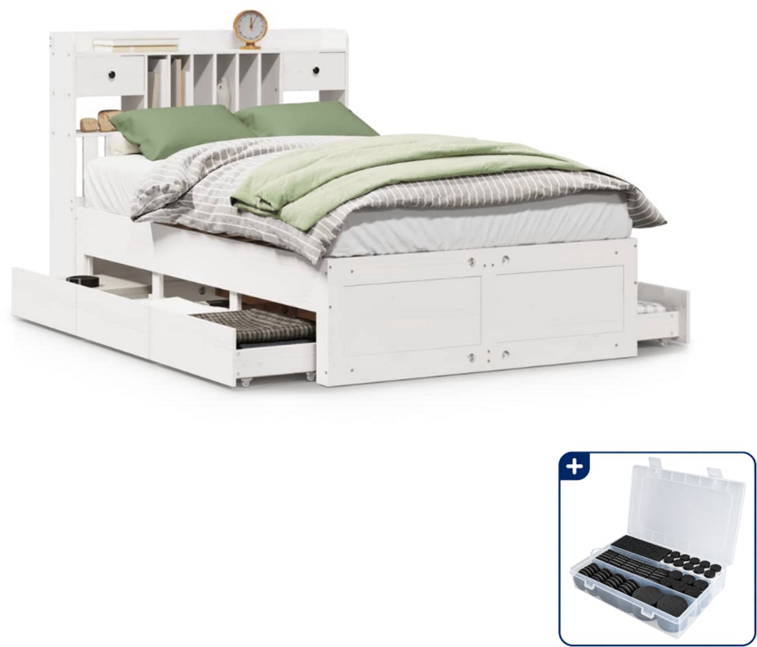 vidaXL bed met boekenkast - 135 x 190 cm - massief grenenhout - wit - Inclusief antikrasvilt 177-delig Taupe