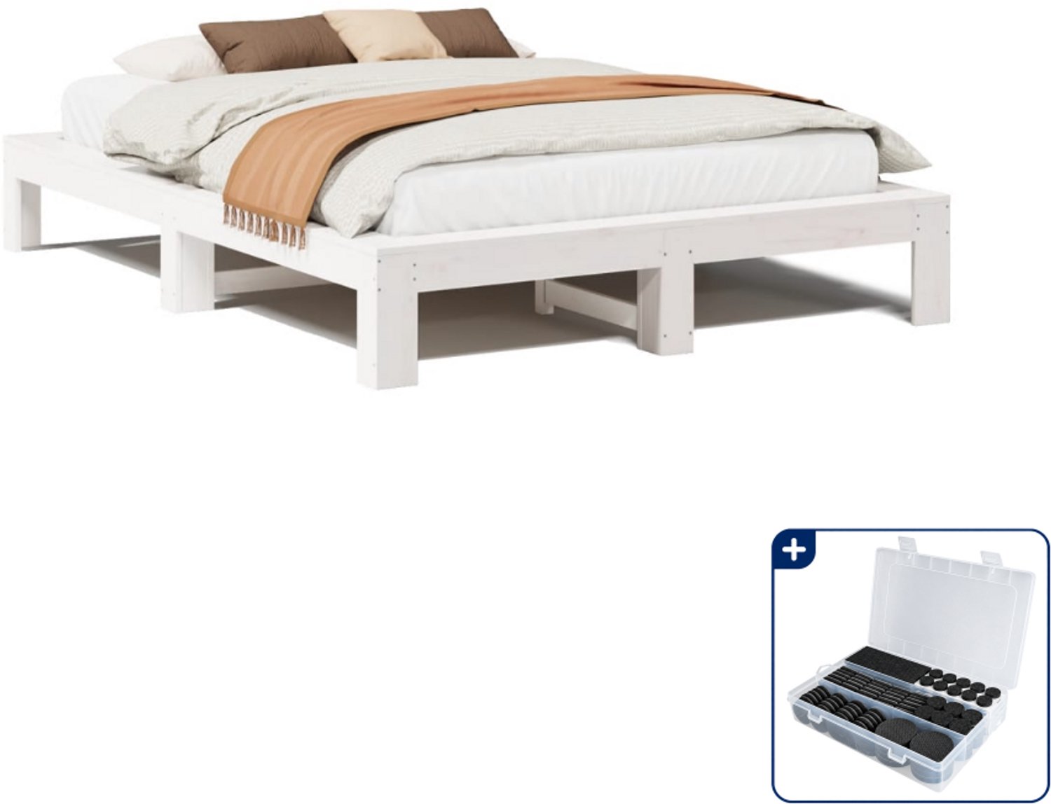 vidaXL Queensize bedframe 160 x 200 cm - massief grenenhout - wit - Inclusief antikrasvilt 177-delig Bruin