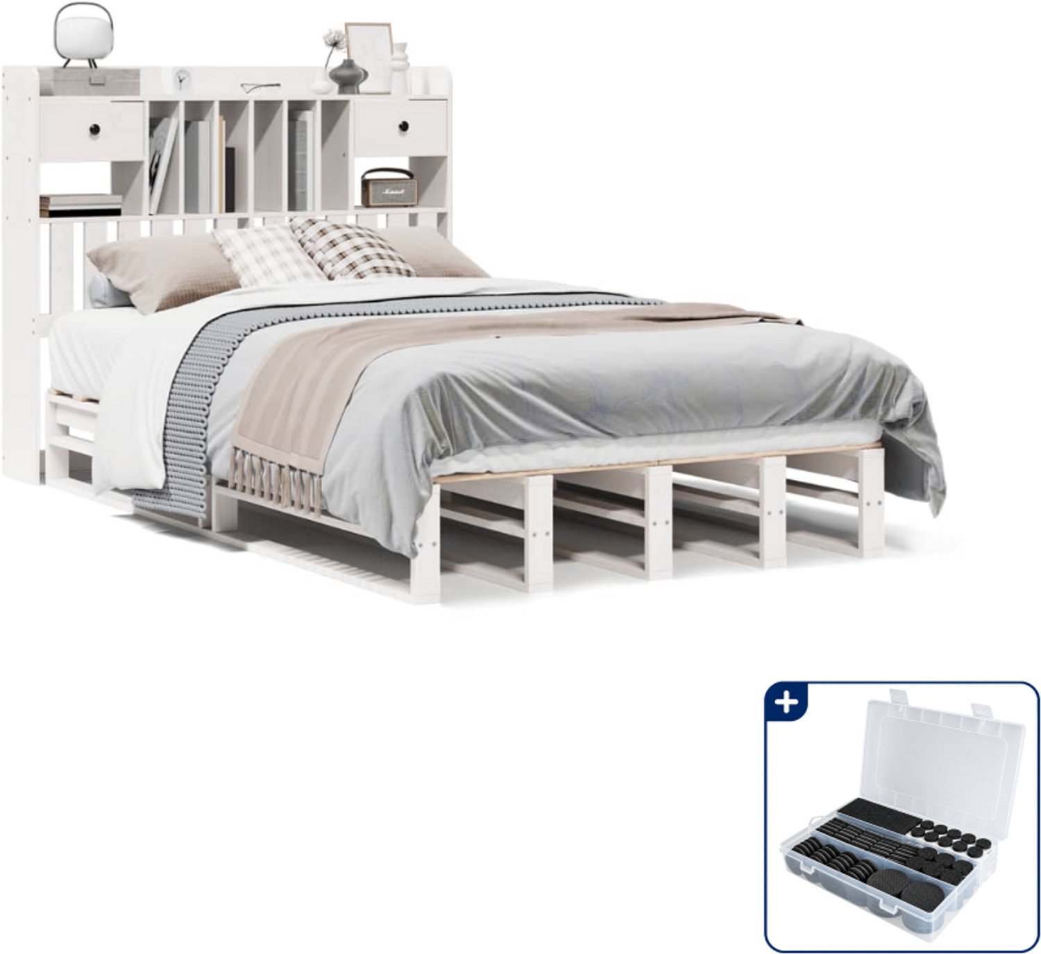 vidaXL bed met boekenkast - 135 x 190 cm - massief grenenhout - wit - Inclusief antikrasvilt 177-delig