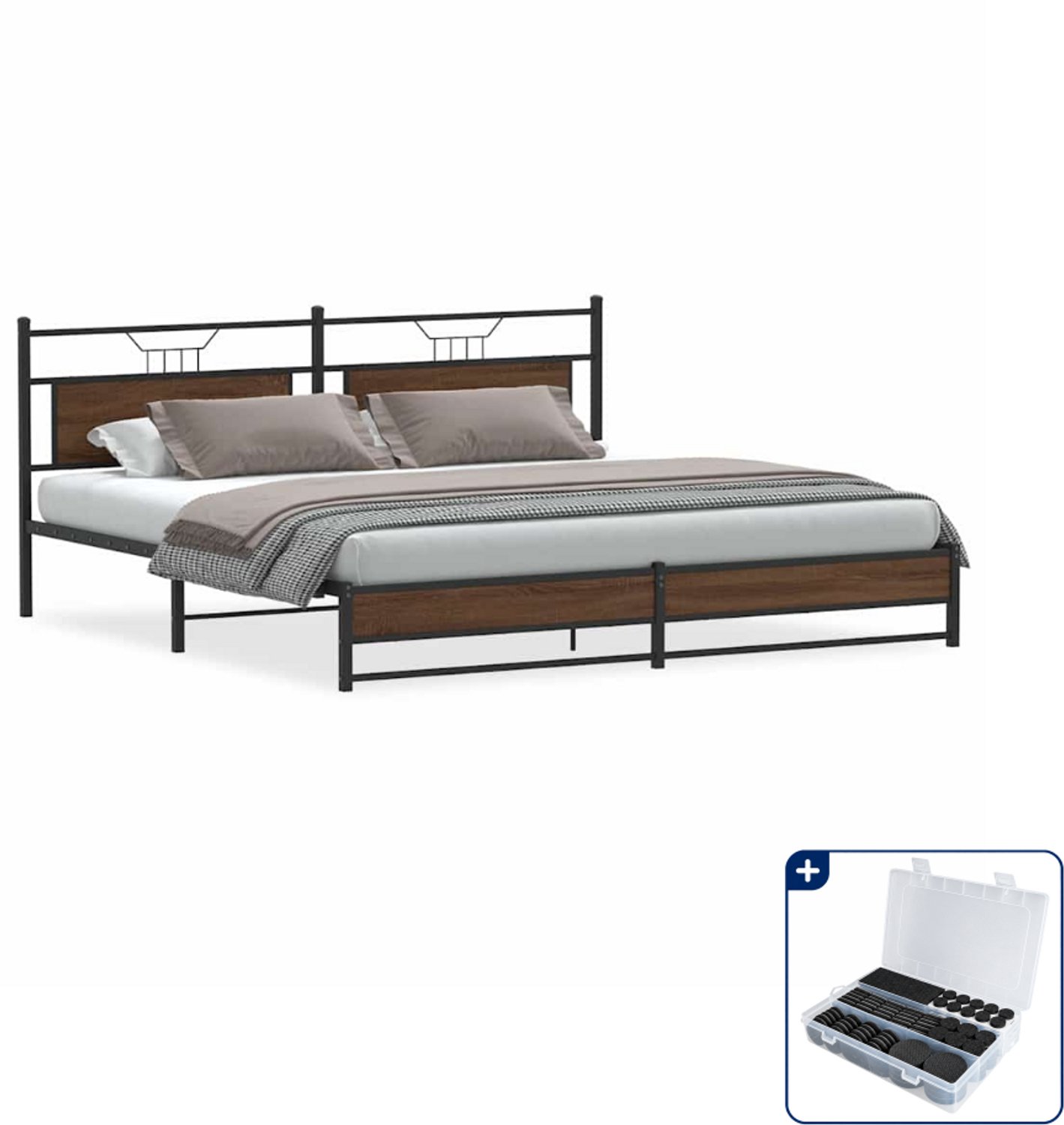 vidaXL bedframe - 200 x 200 cm - staal en bewerkt hout - bruineiken - Inclusief antikrasvilt 177-delig