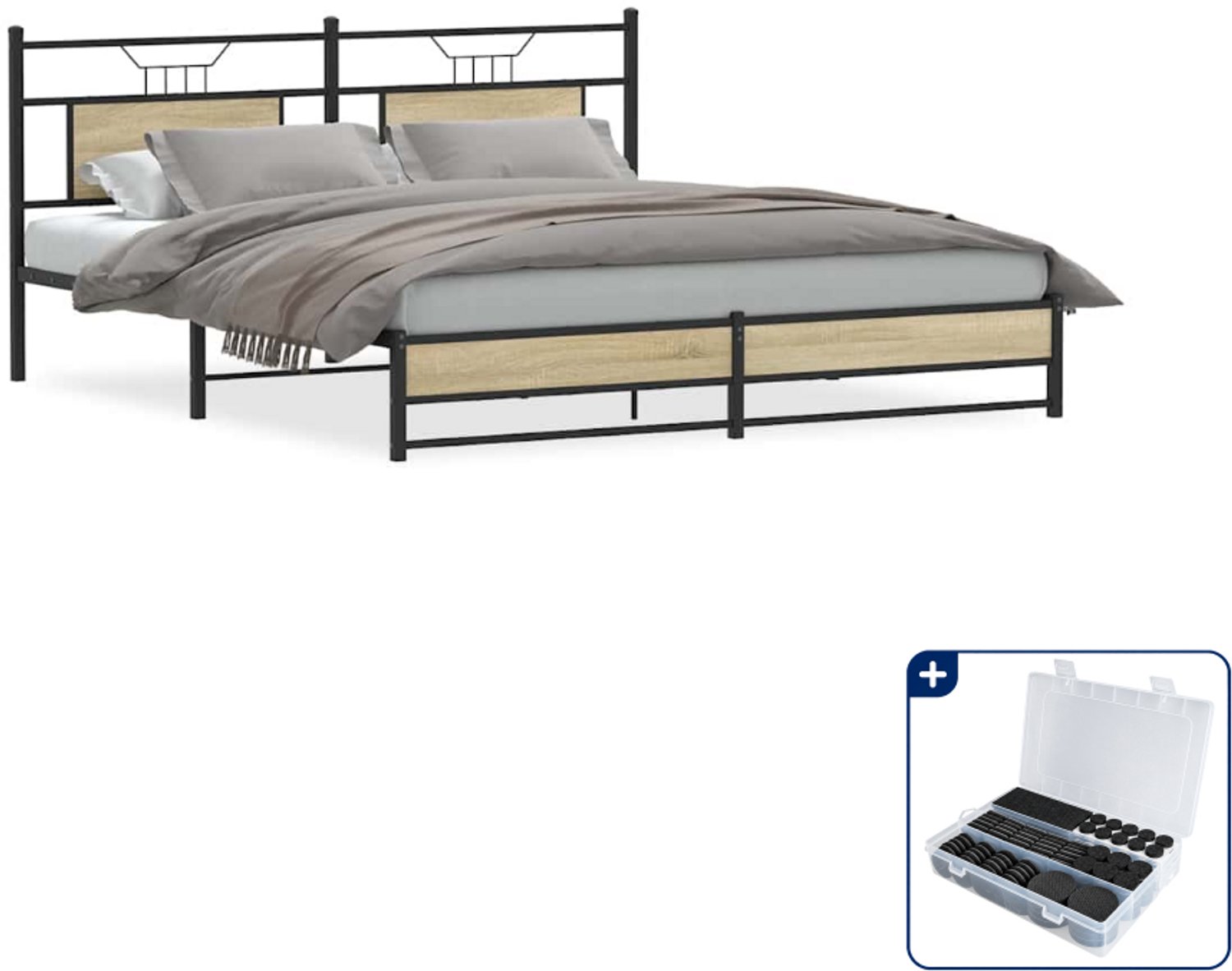 vidaXL bedframe - 183 x 213 cm - staal en bewerkt hout - sonoma eiken - Inclusief antikrasvilt 177-delig Bruin