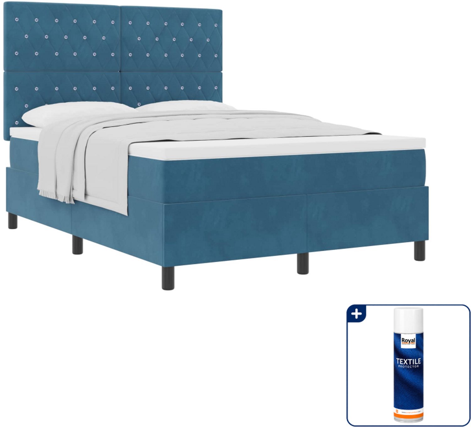 vidaXL Queensize boxspringbed met matras - 160 x 200 cm - fluweel - donkerblauw - Inclusief textielbeschermer 500 ml