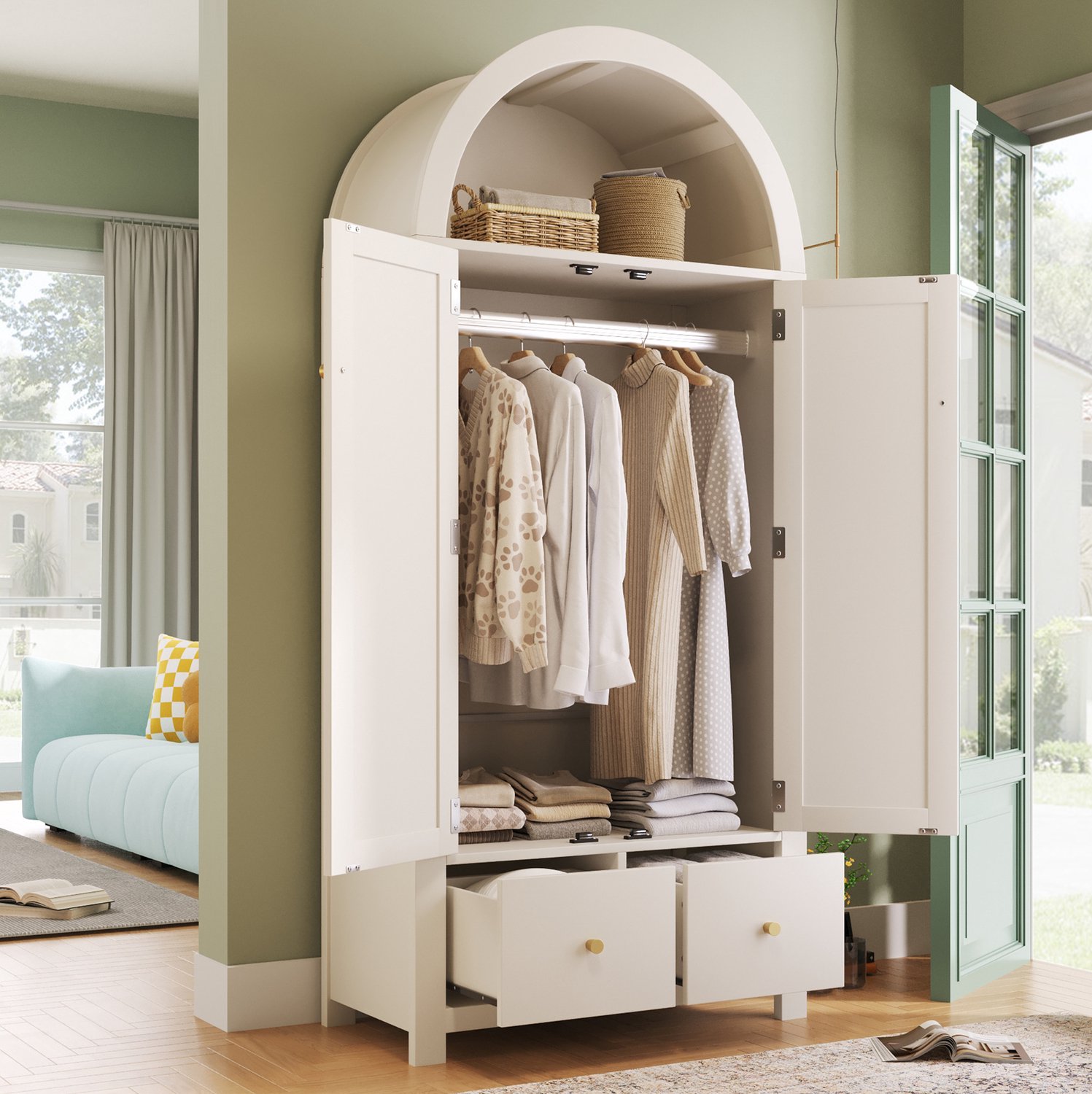 Maisentiel Witte kledingkast 181 x 78 x 45 cm met rotan deuren, kledingroede en 2 lades