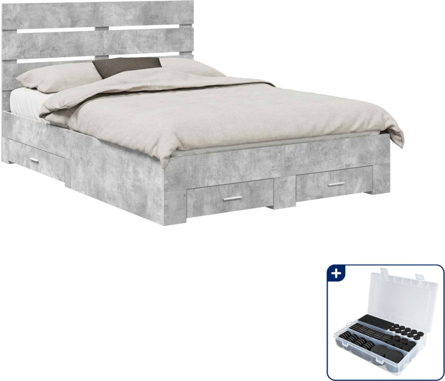 vidaXL Bedframe met lade - 150 x 200 cm - bewerkt hout - beton grijs - Inclusief antikrasvilt 177-delig Bruin