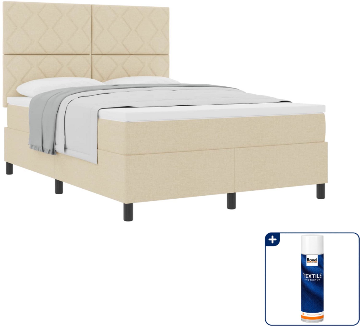 vidaXL boxspringbed - 140 x 190 cm - crème - Inclusief textielbeschermer 500 ml