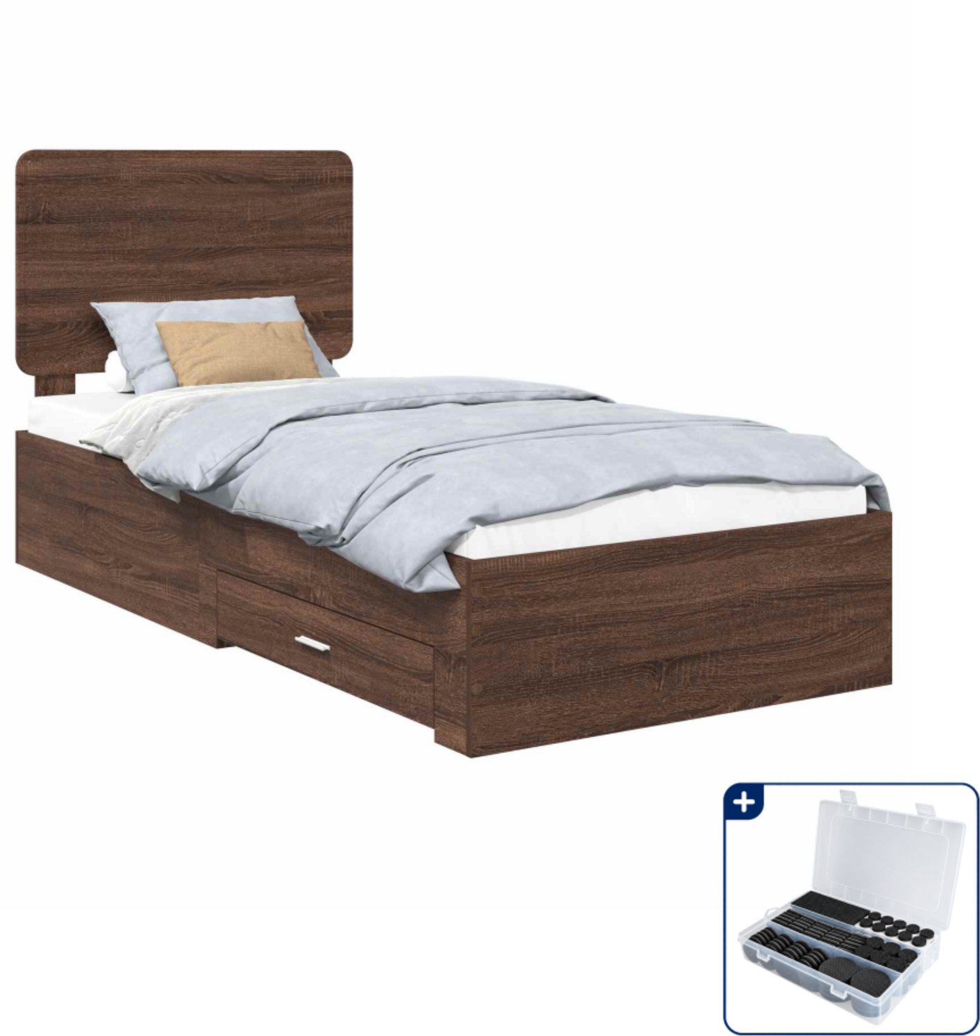vidaXL bedframe met lade - 75 x 190 cm - bewerkt hout - bruin eiken - Inclusief antikrasvilt 177-delig