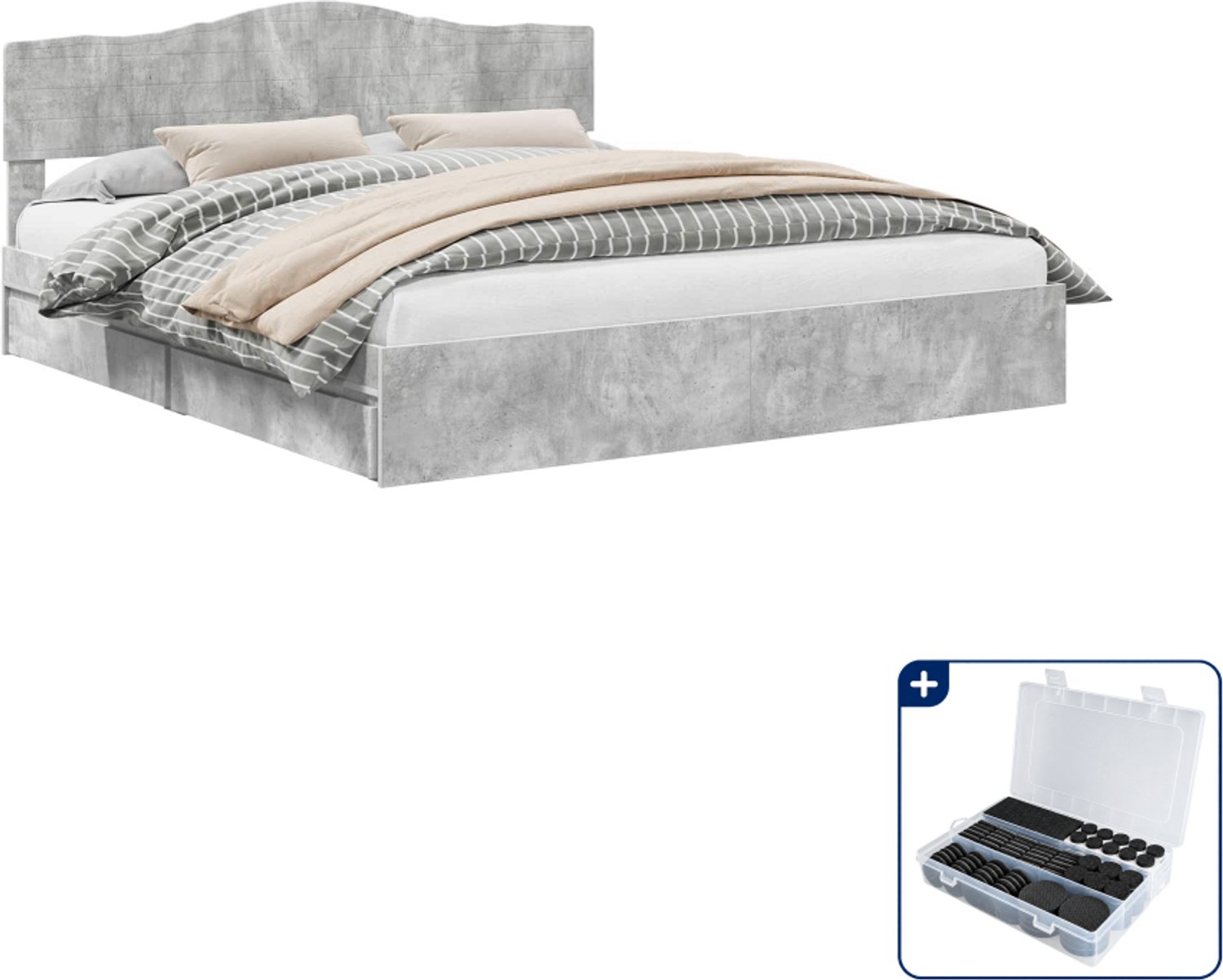 vidaXL bed met lade - Super kingsize - 200 x 200 cm - bewerkt hout - beton grijs - Inclusief antikrasvilt 177-delig