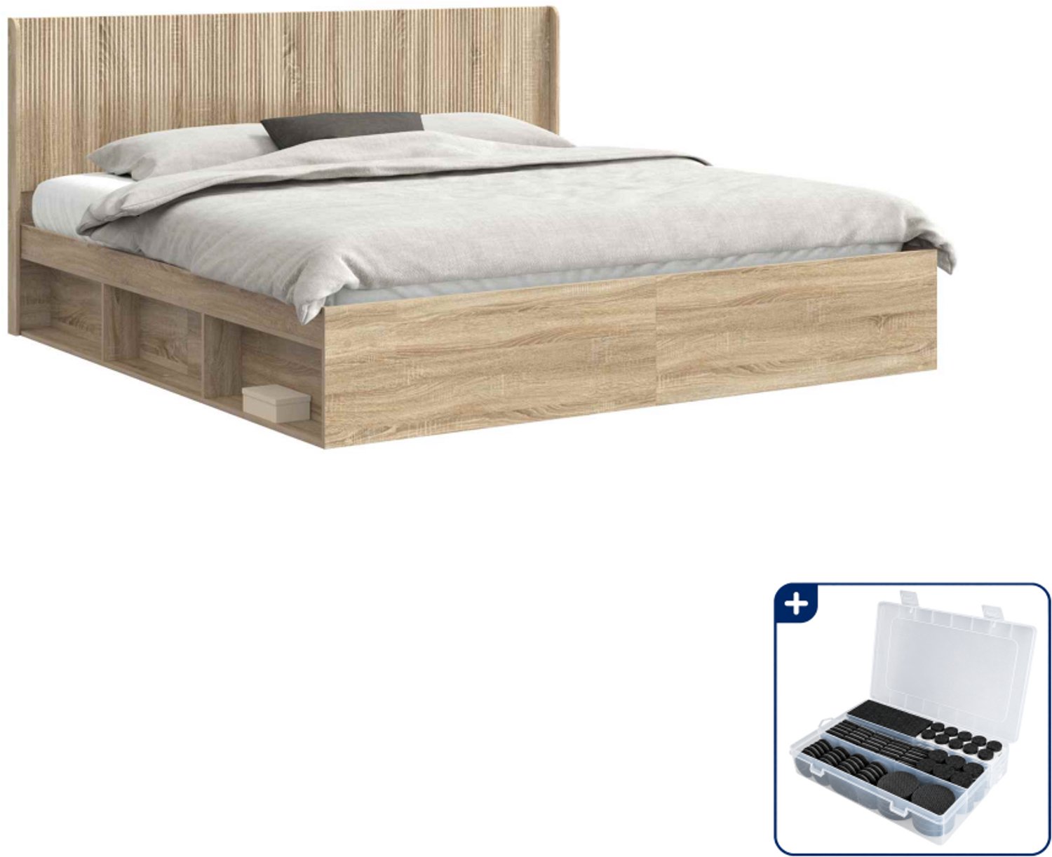 vidaXL Bedframe met opbergruimte - 200 x 200 cm - bewerkt hout - sonoma eiken - Inclusief antikrasvilt 177-delig Bruin