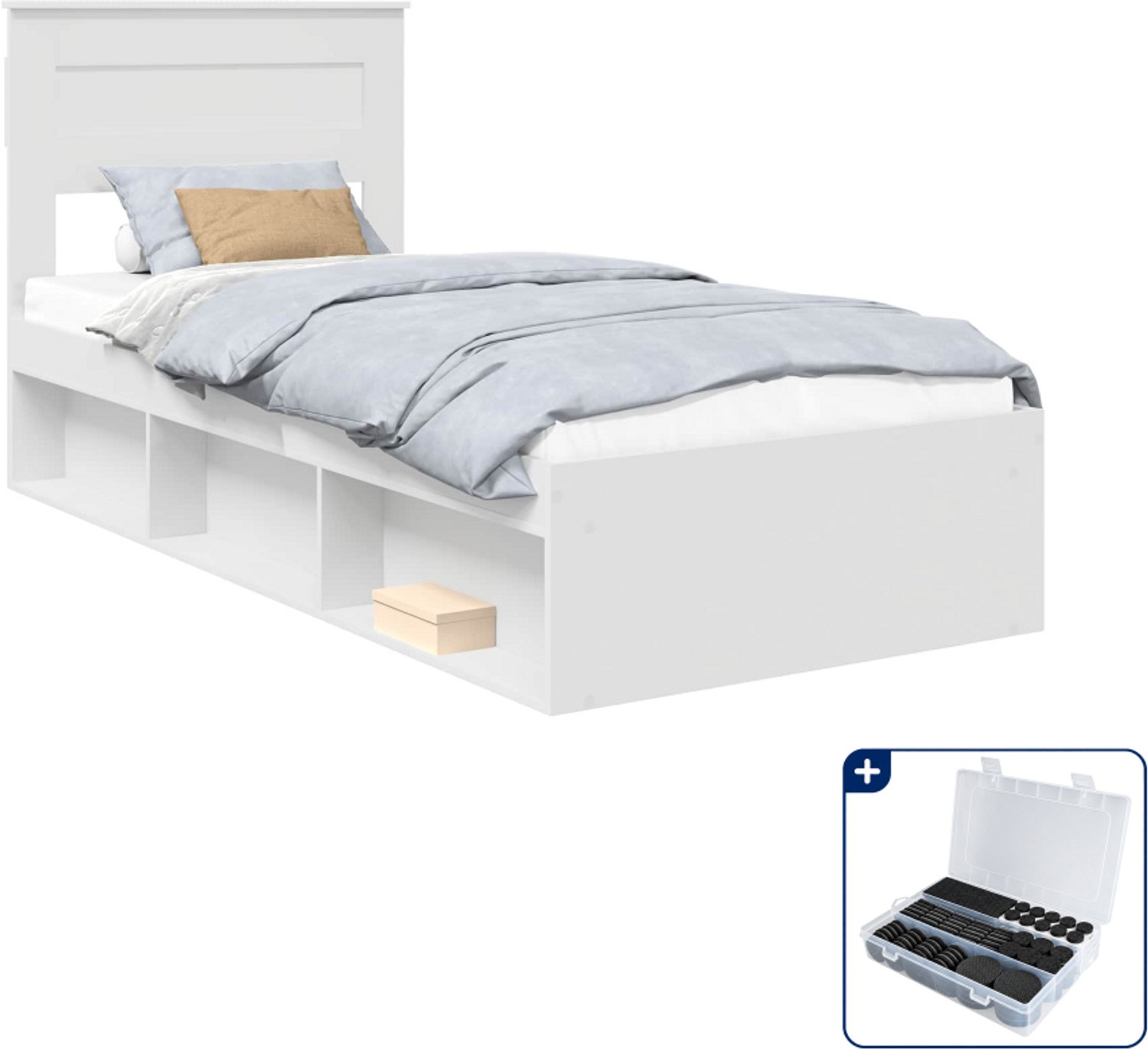 vidaXL Bedframe - 75 x 190 cm - bewerkt hout - wit - Inclusief antikrasvilt 177-delig Zwart