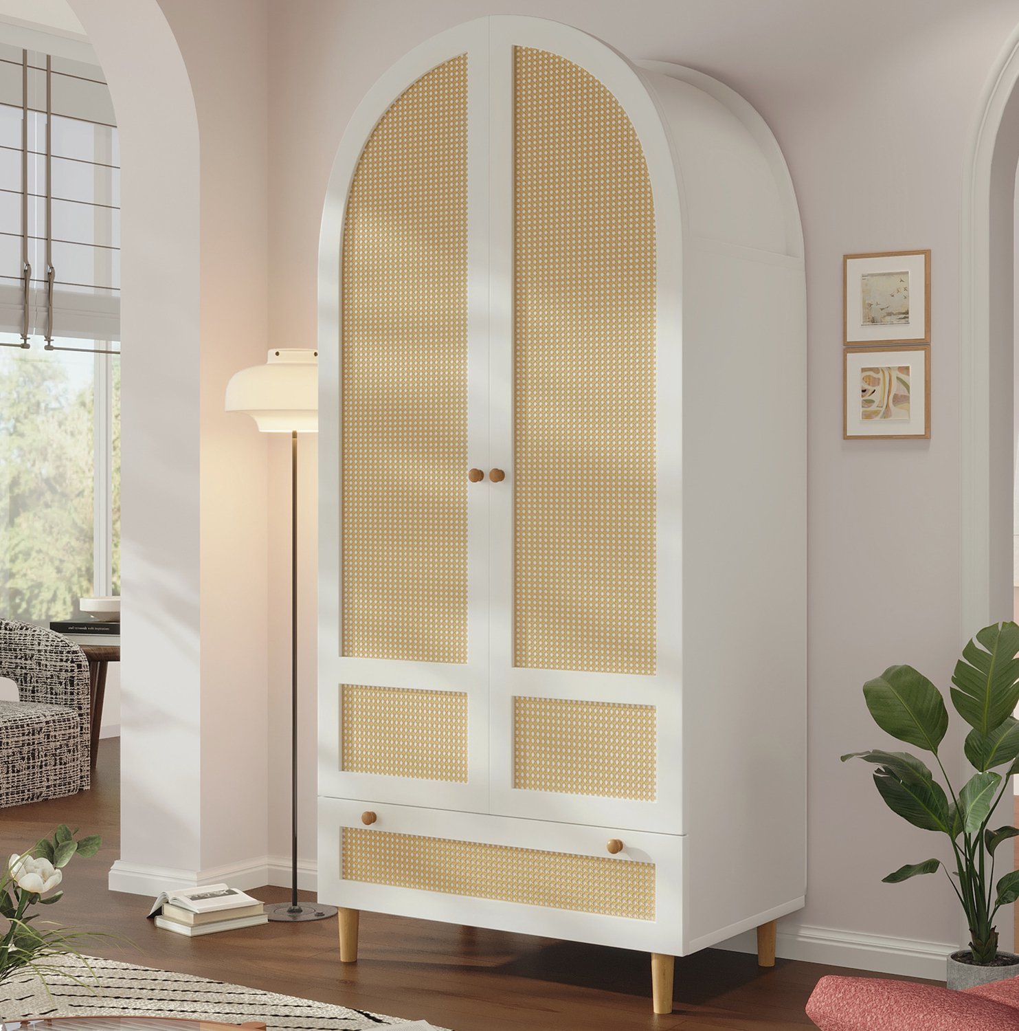 Maisentiel Witte kledingkast met rotan front, kledingroede en lade - 80 x 50 x 180 cm
