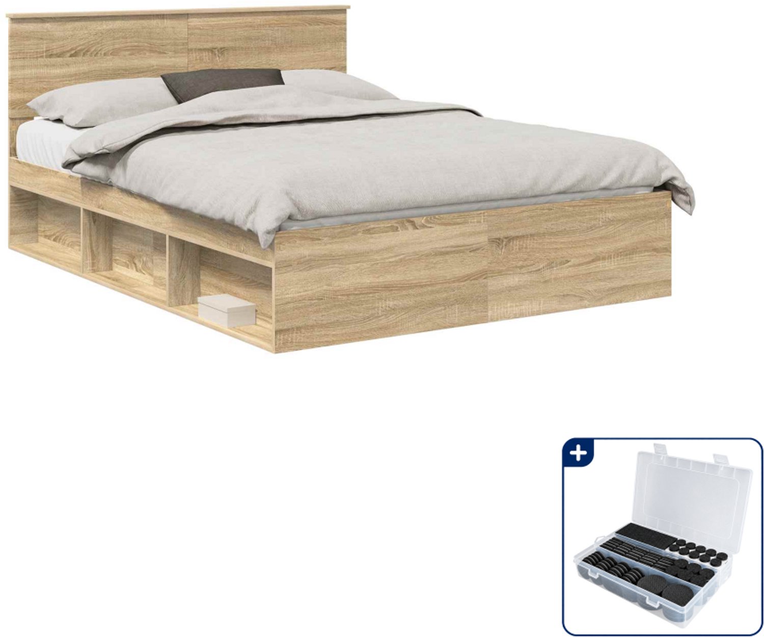 vidaXL bedframe - 150 x 200 cm - massief grenenhout - sonoma eiken - Inclusief antikrasvilt 177-delig Zwart