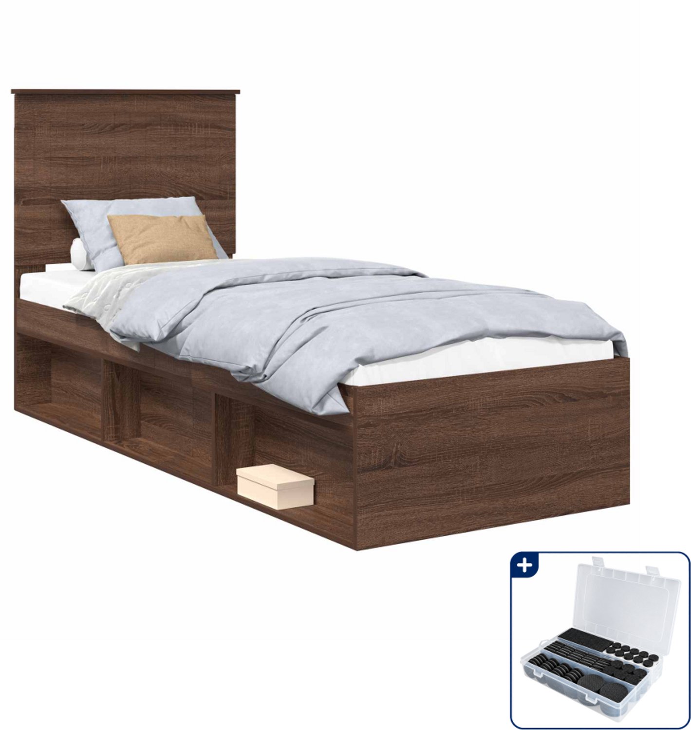 vidaXL bedframe - 75 x 190 cm - bewerkt hout - bruin eiken - Inclusief antikrasvilt 177-delig Zwart